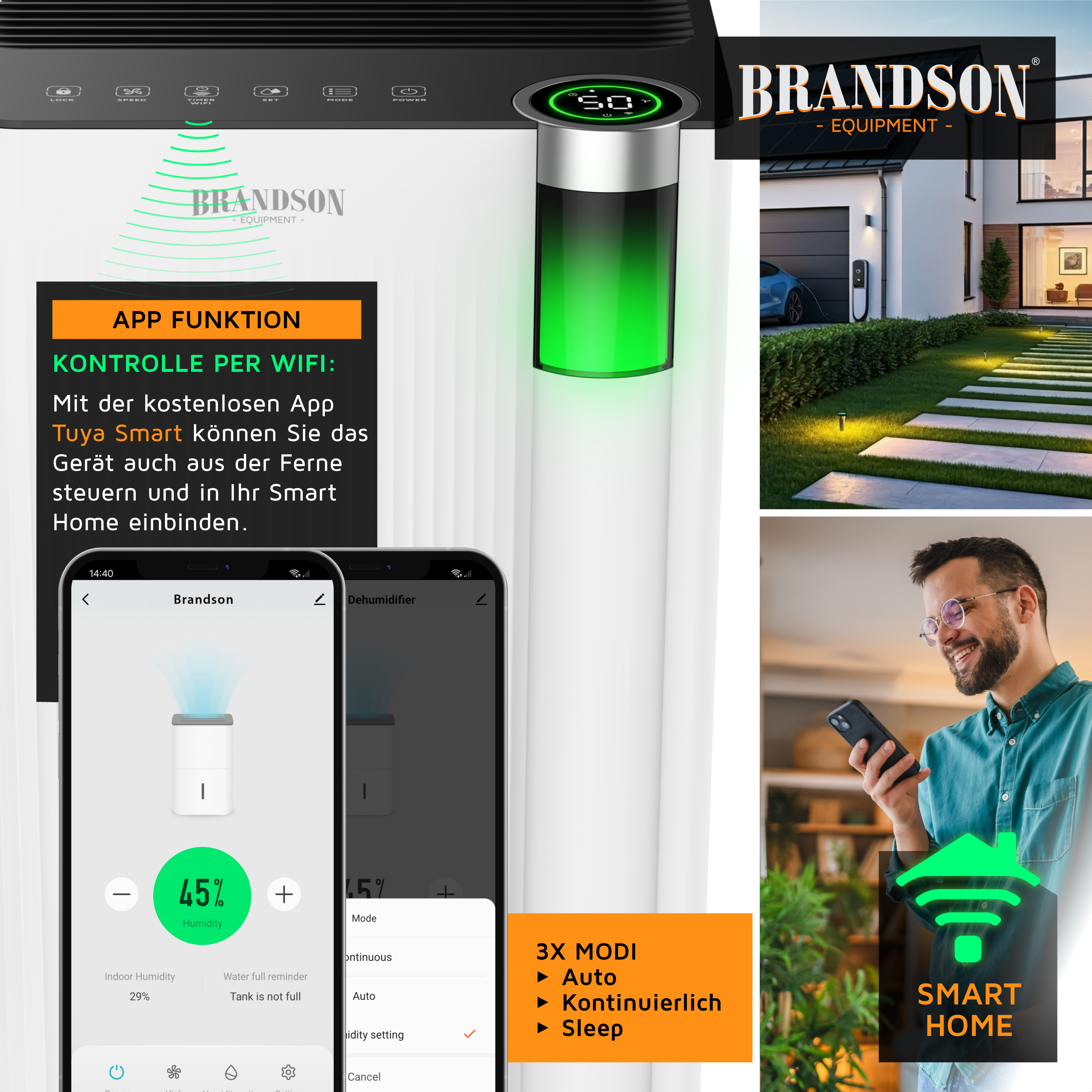 Brandson-Luftkühler mit WLAN-Steuerung, elegantem weißem Design, Digitalanzeige und Remote-App-Funktionalität für die Smart-Home-Integration.