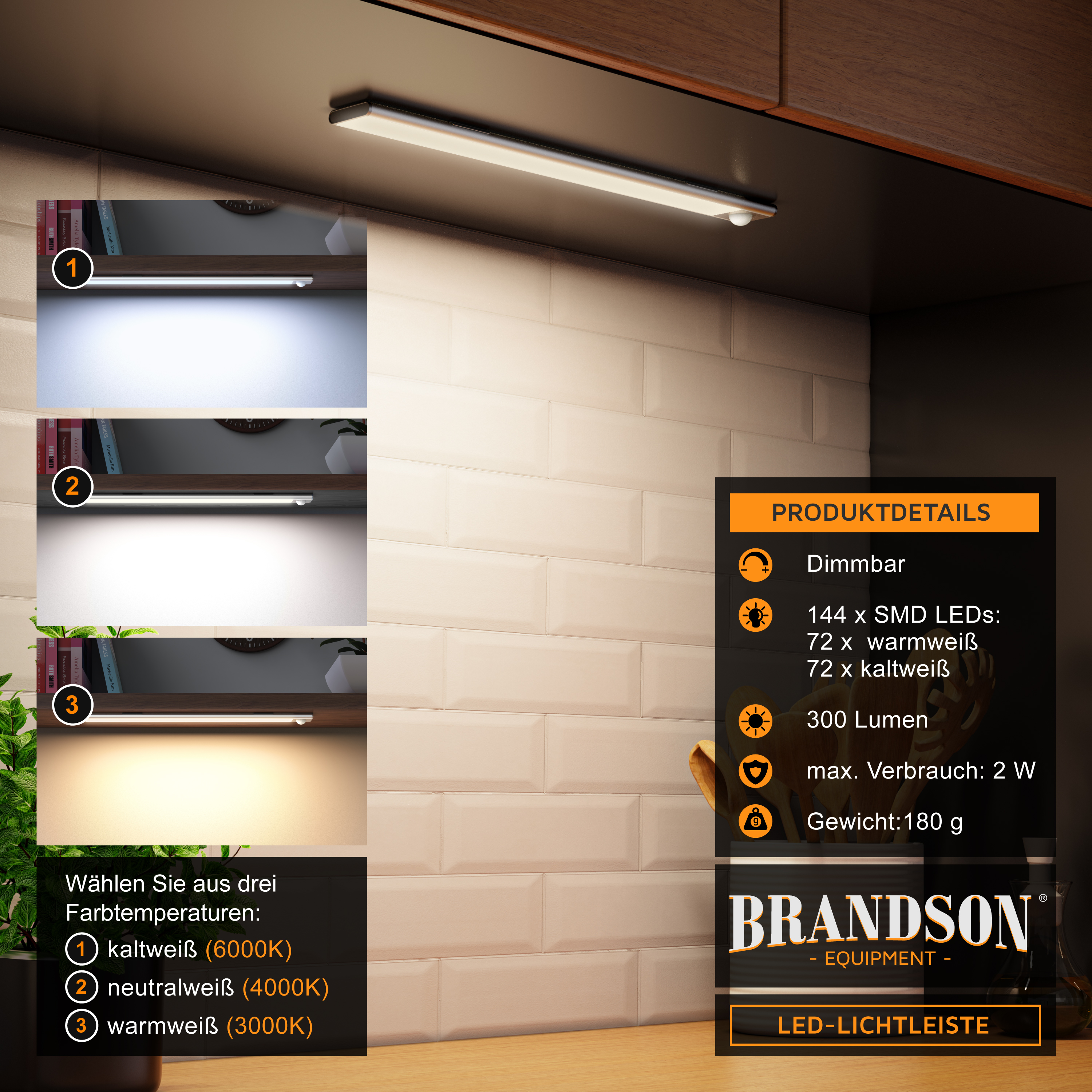 Brandson LED-Lichtleiste mit einstellbarer Helligkeit, schlankem Design, montiert unter einem Schrank, mit drei Farbtemperaturoptionen.