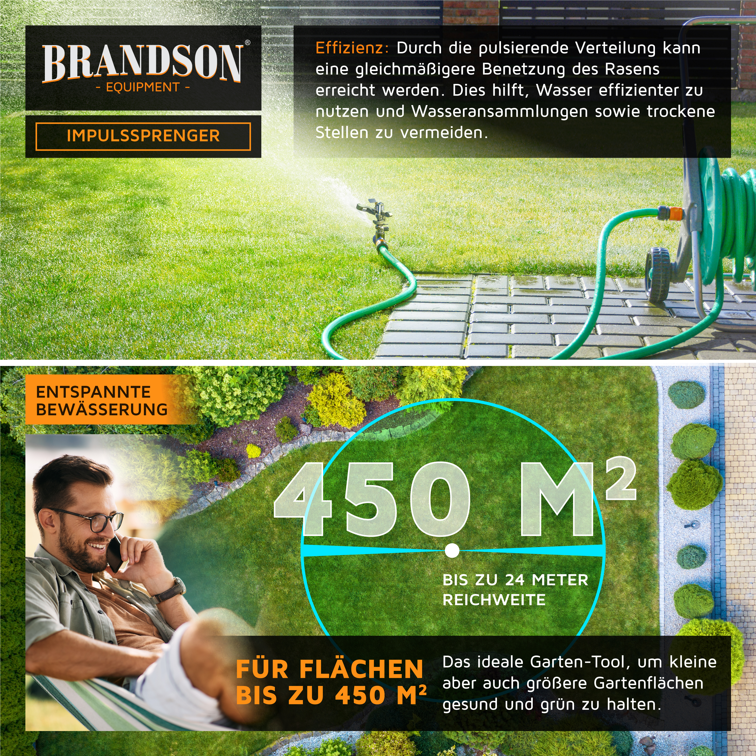 Brandson Impulsregner zur effizienten Bewässerung von Rasenflächen bis zu 450 m², mit flexibler Reichweite und einfacher Handhabung.