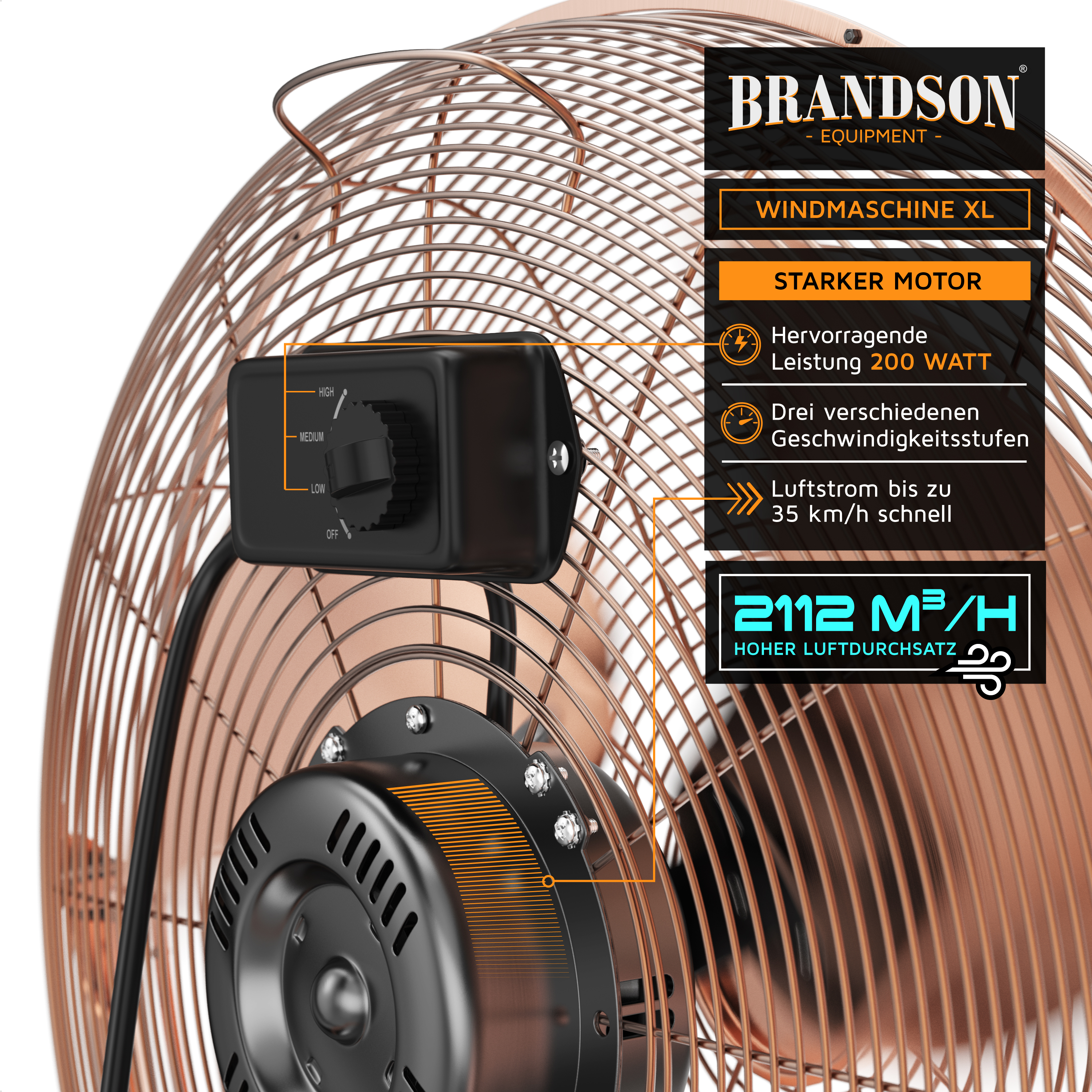 Brandson Windmaschine XL mit starkem Motor, schwarzem Bedienfeld und Kupfergitter, geeignet für hohe Luftzirkulation.