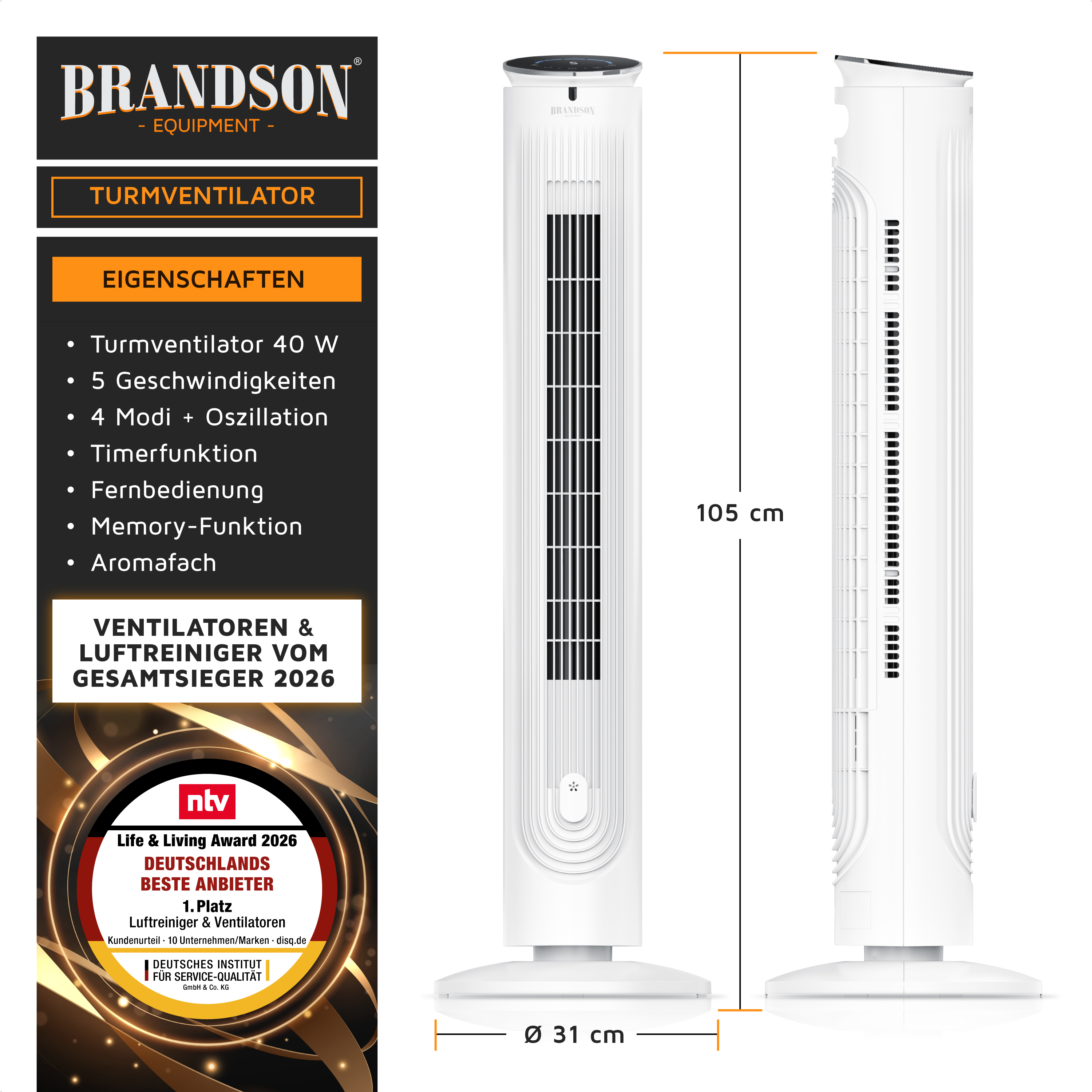 Brandson Turmventilator in Weiß mit 105 cm Höhe, Bedienfeld, Fernbedienung und stabiler Standbasis.
