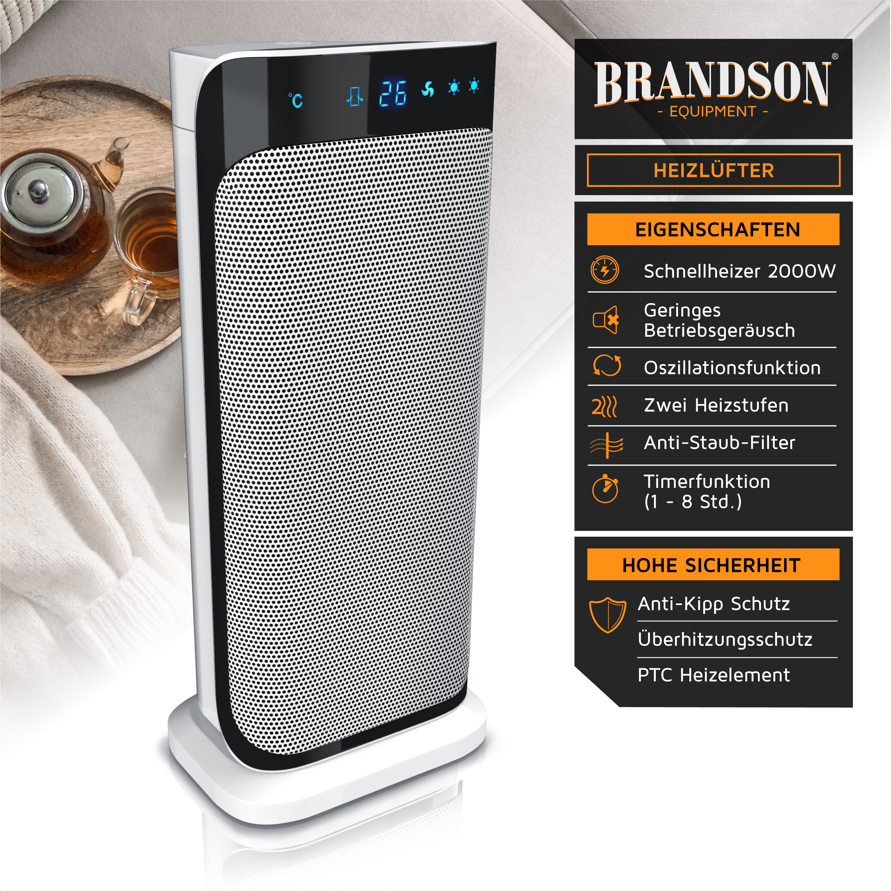 Brandson Heizlüfter im modernen Design mit digitalem Display, zwei Heizstufen und Anti-Staub-Filter, ideal für den Wohnbereich.