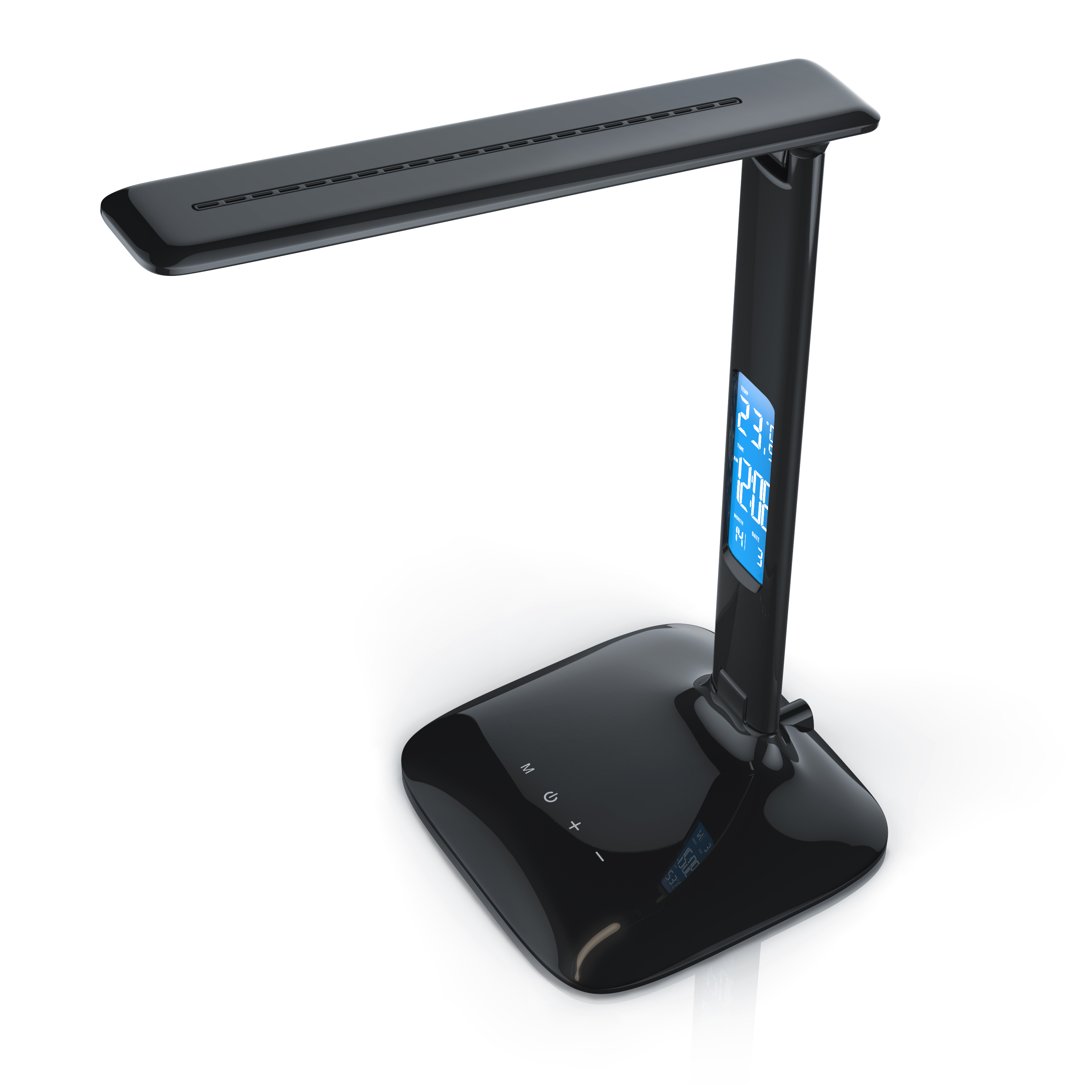 Brandson Tischlampe in Schwarz mit digitalem Display, Touch-Bedienfeld und schwenkbarem Arm für flexible Beleuchtung.