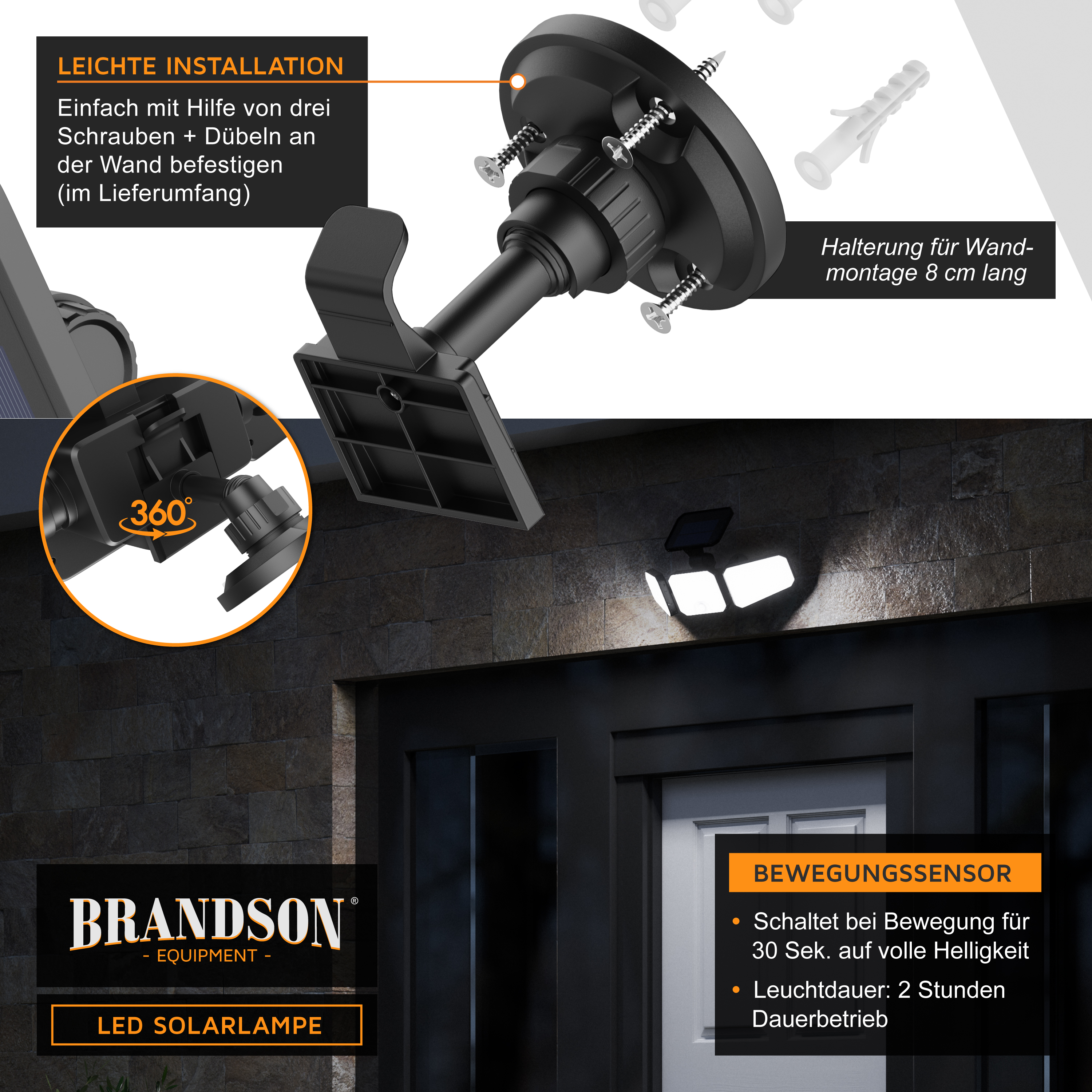 Brandson LED-Solarlampe mit Bewegungssensor, 360-Grad-verstellbarer Halterung und schwarzem Finish für einfache Wandmontage.