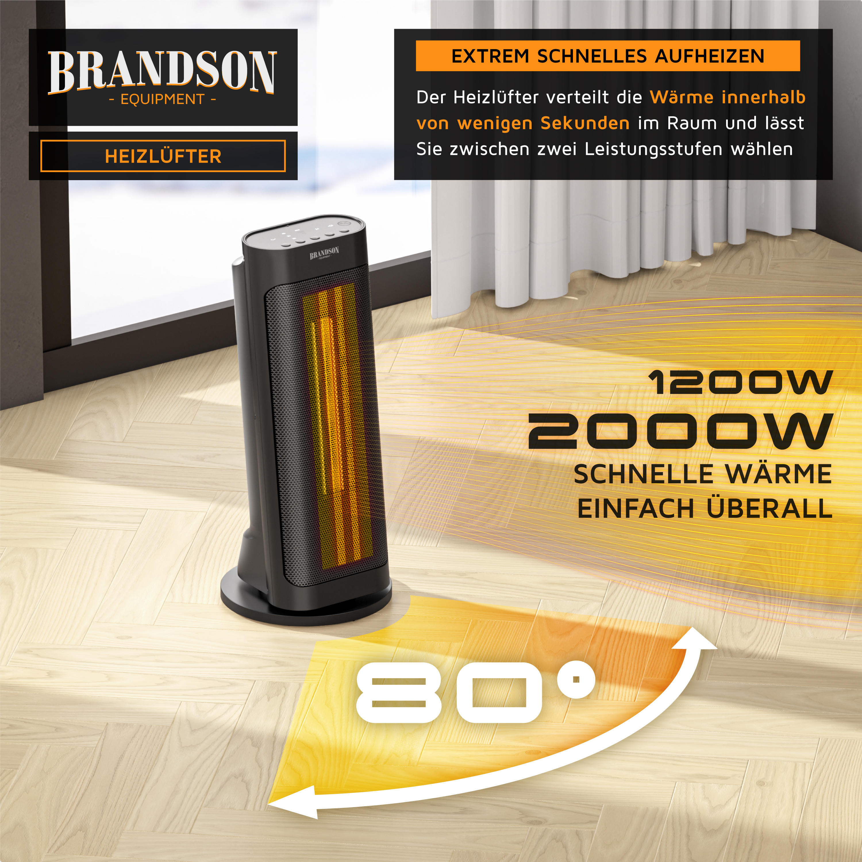 Brandson Heizlüfter in schwarzer Bauform mit LED-Display und Bedienfeld, steht auf einem Holzfußboden neben einem Fenster.
