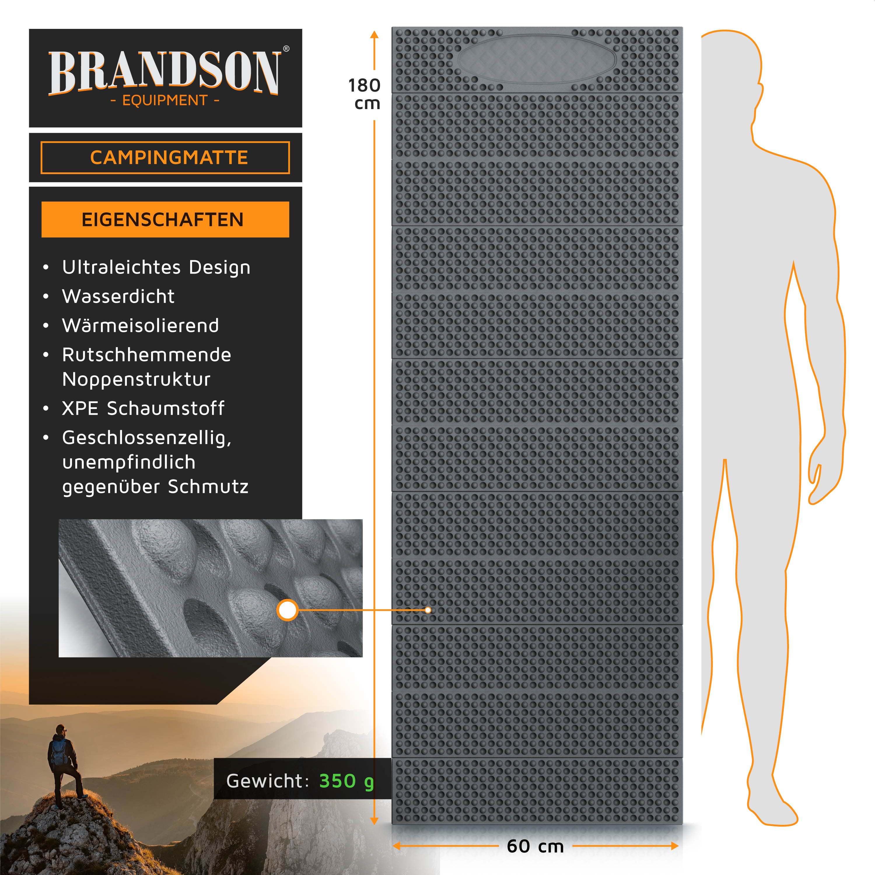Brandson Campingmatte mit ultraleichtem Design, wasserdichtem Material und rutschfester Textur, Maße 180 cm x 60 cm.