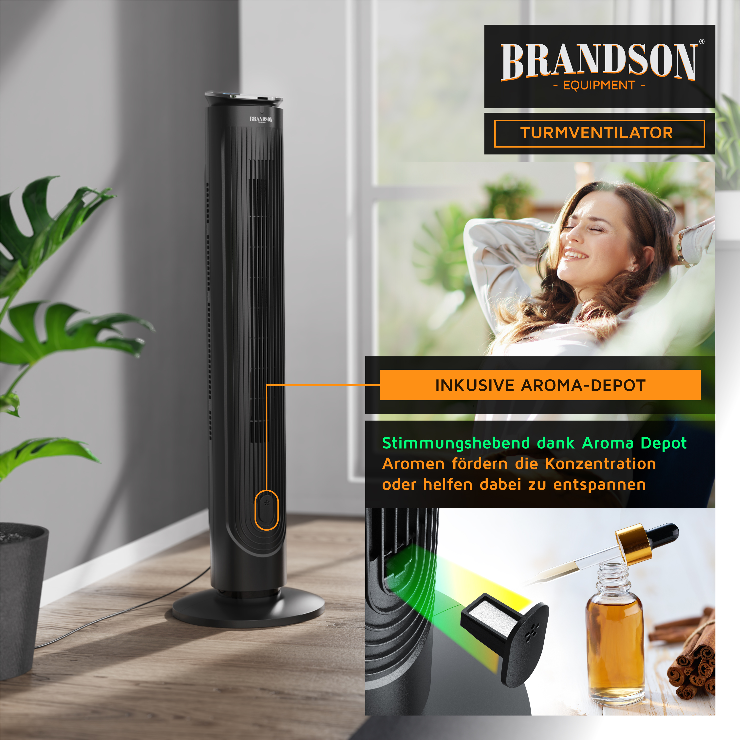 Brandson Turmventilator in Schwarz mit Aroma-Depot, schlankem Design und Bedienfeld, ideal für entspannende Raumluft.