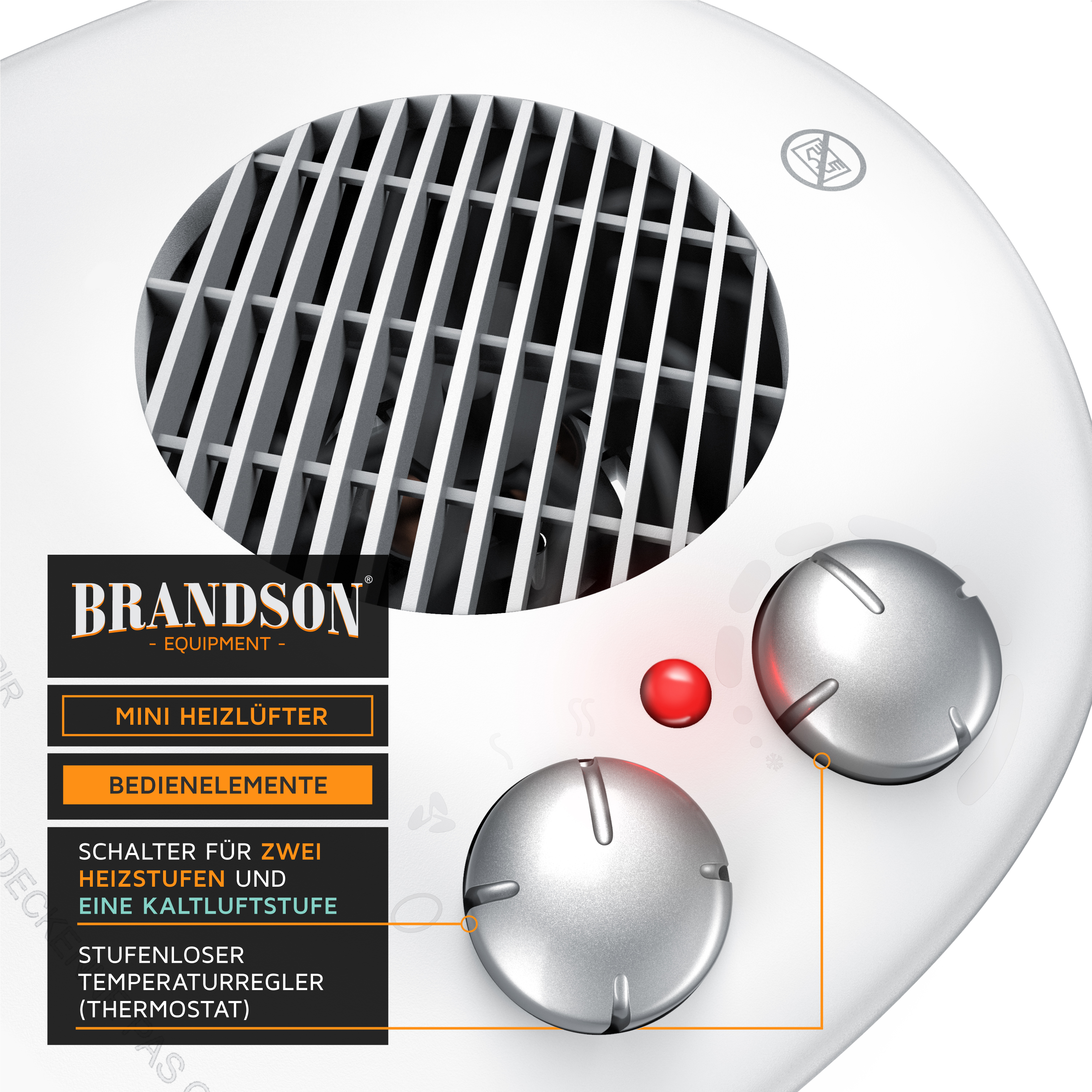 Brandson Mini-Heizgerät mit rundem Design, weißer Farbe und silbernen Bedienknöpfen zur Temperatureinstellung und Betriebsart.