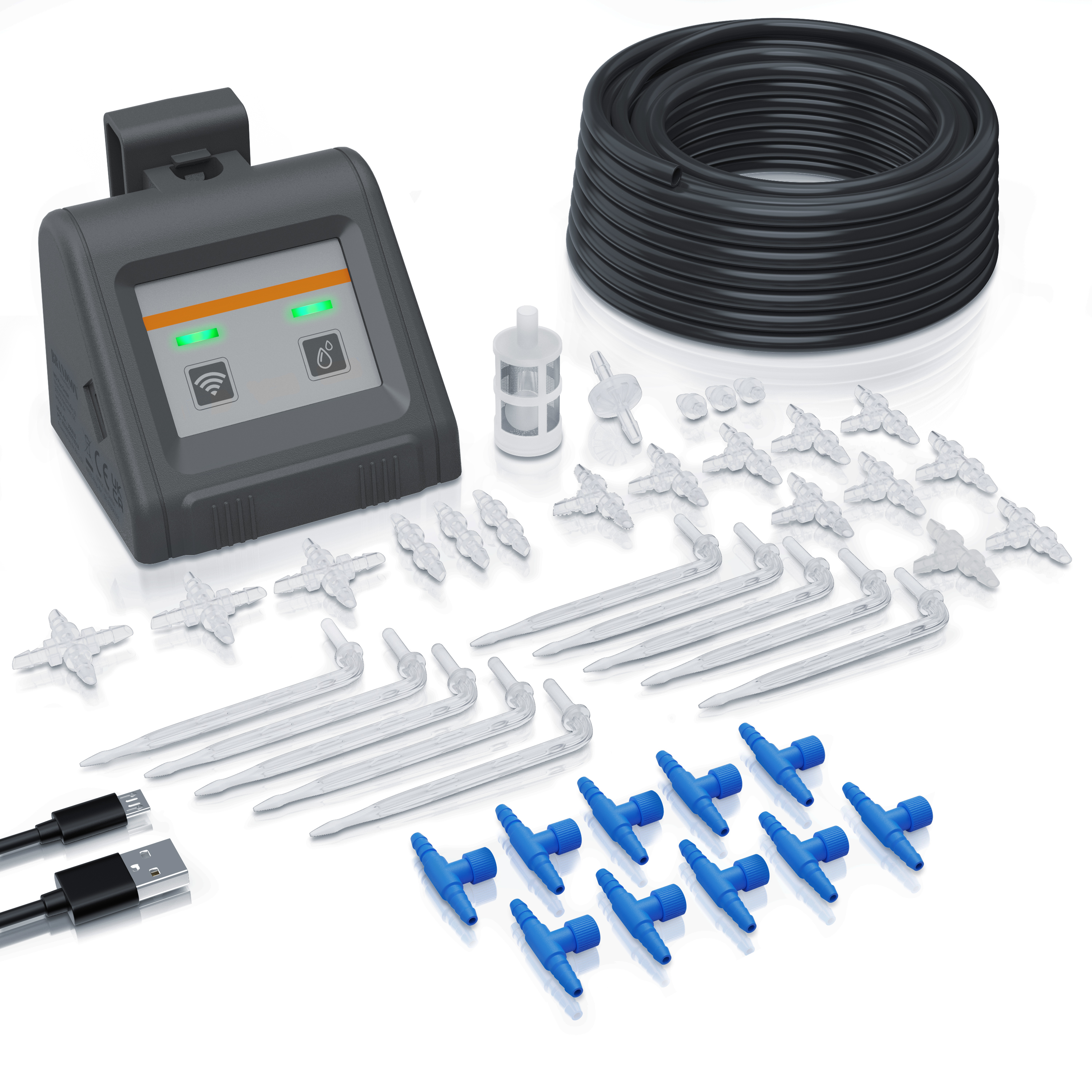 Brandson Bewässerungsset mit Steuergerät, Schläuchen, Sprühdüsen und Zubehör für automatisierte Gartenbewässerung.