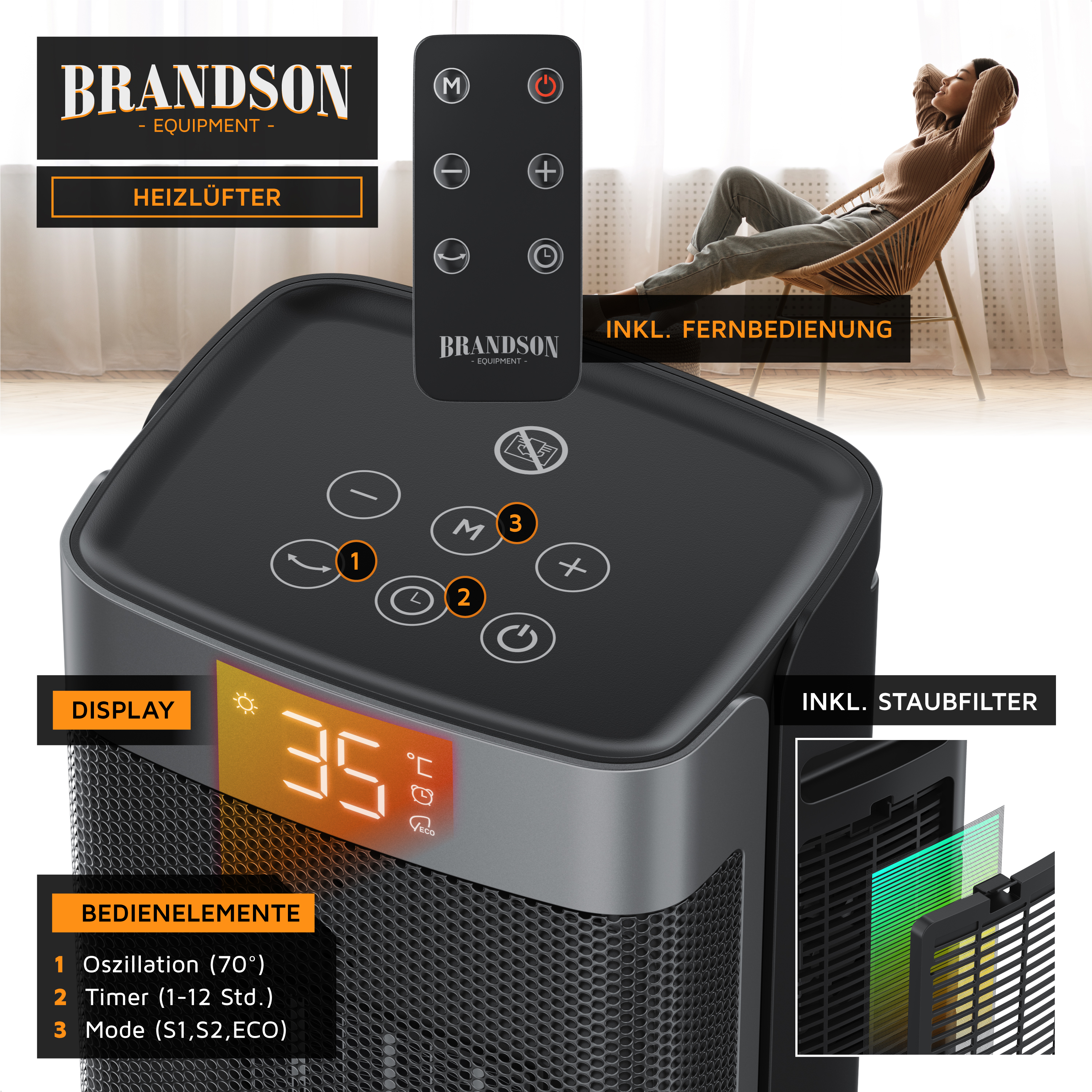 Brandson Heizlüfter mit schwarzem Gehäuse, digitalem Display, Bedienfeld und Fernbedienung, geeignet für den Innenbereich.