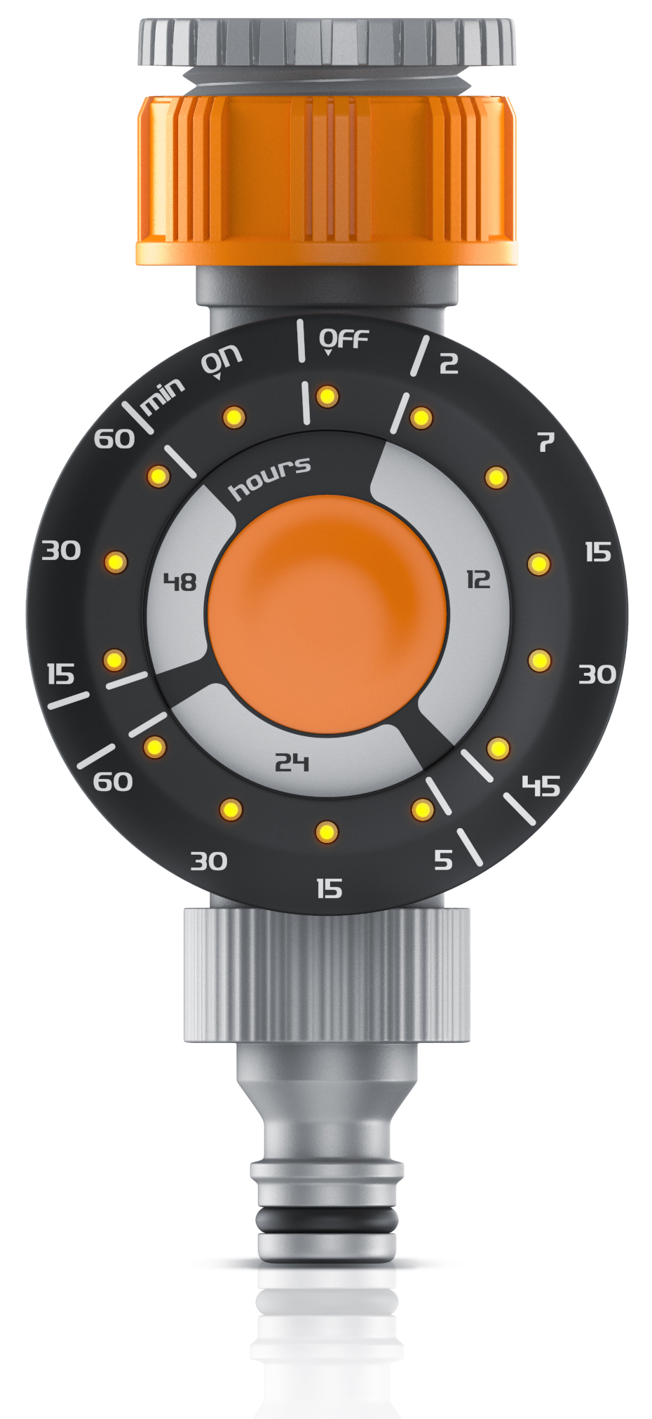Brandson Bewässerungsuhr mit orangefarbenem Drehknopf und digitalem Display zur Zeiteinstellung, für einfache Gartenbewässerung.