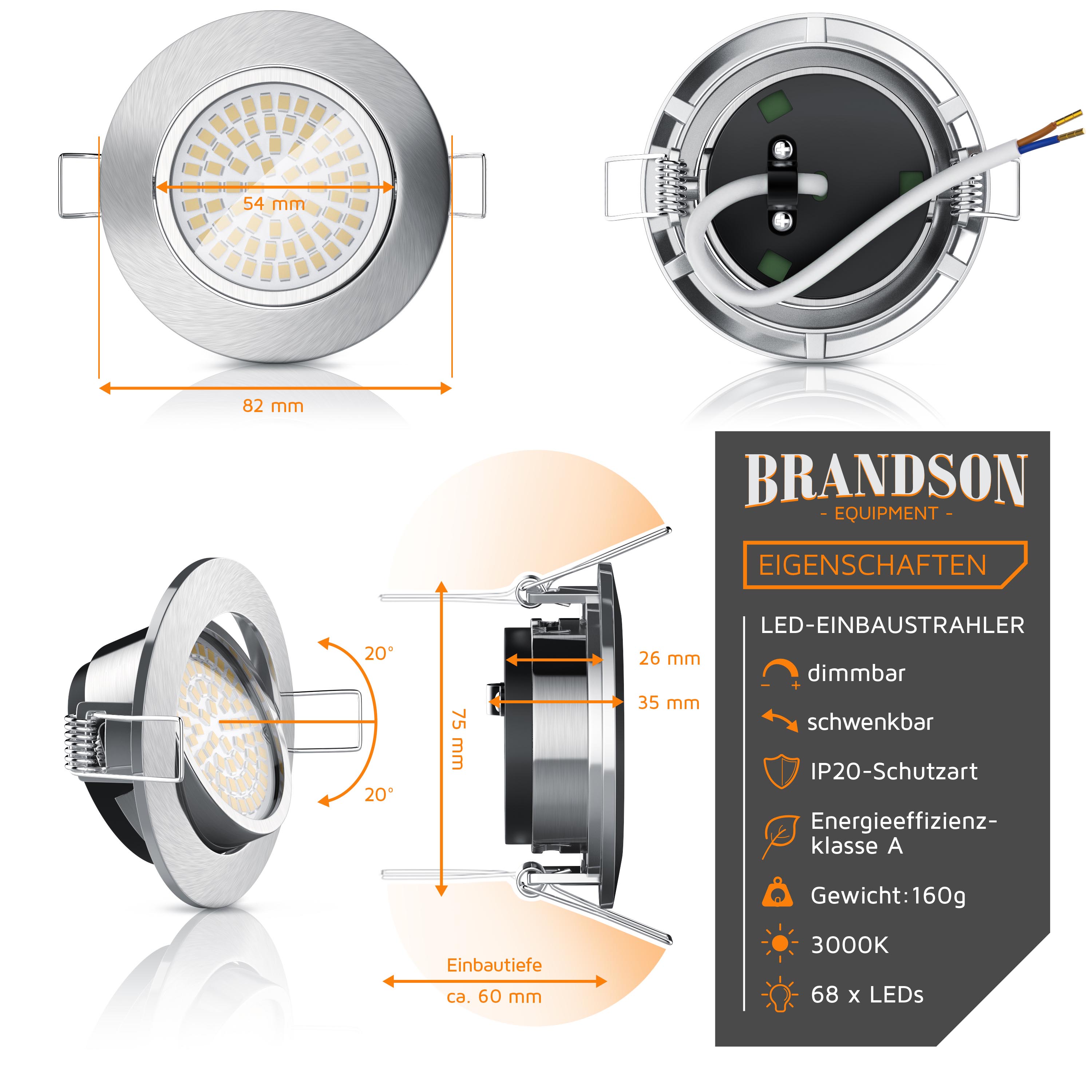 Brandson LED-Downlight im runden Edelstahldesign, dimmbar und verstellbar, mit Gittermuster und Befestigungsclips.