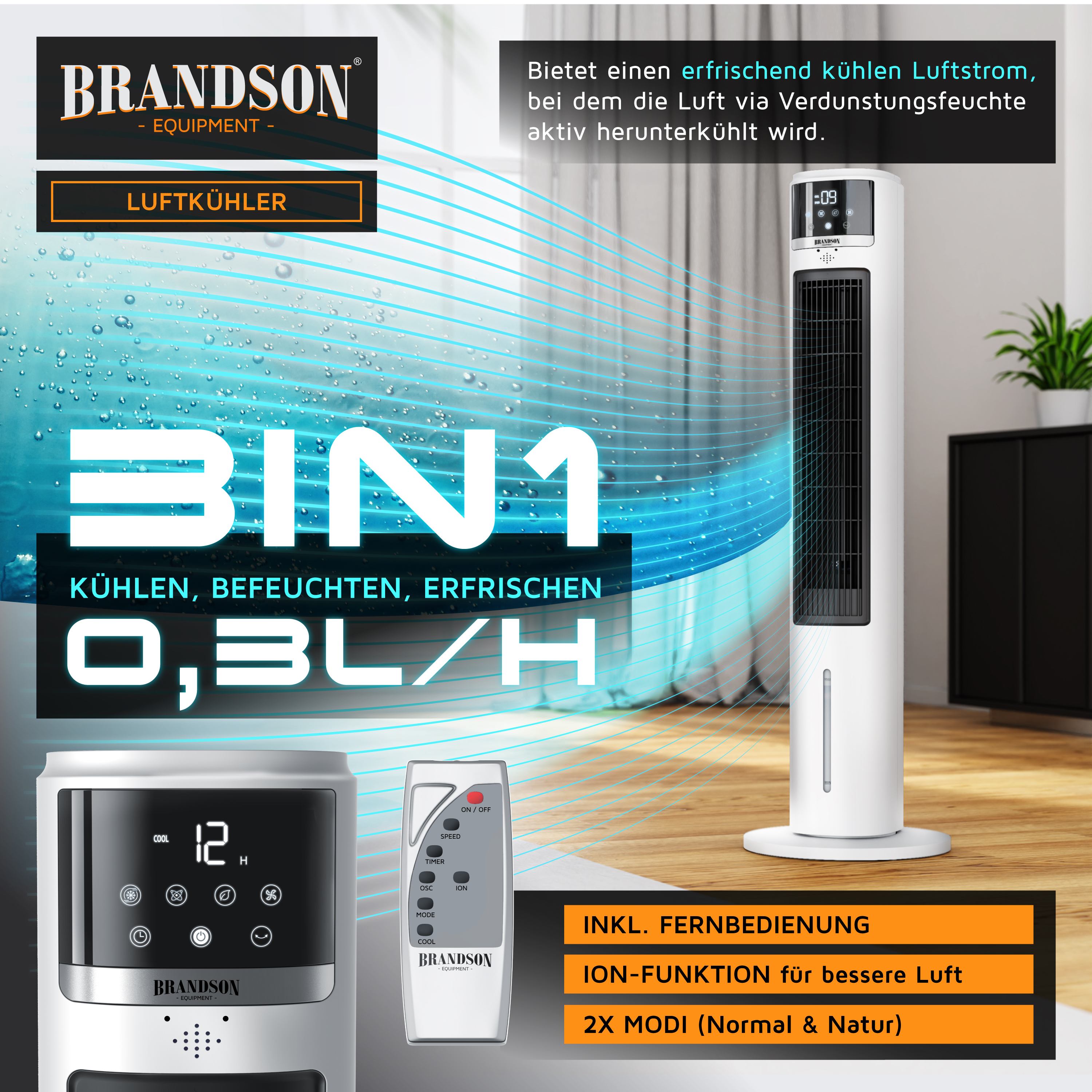 Brandson Luftkühler in Weiß mit digitalem Display und Fernbedienung, geeignet zum Kühlen und Befeuchten von Raumluft.