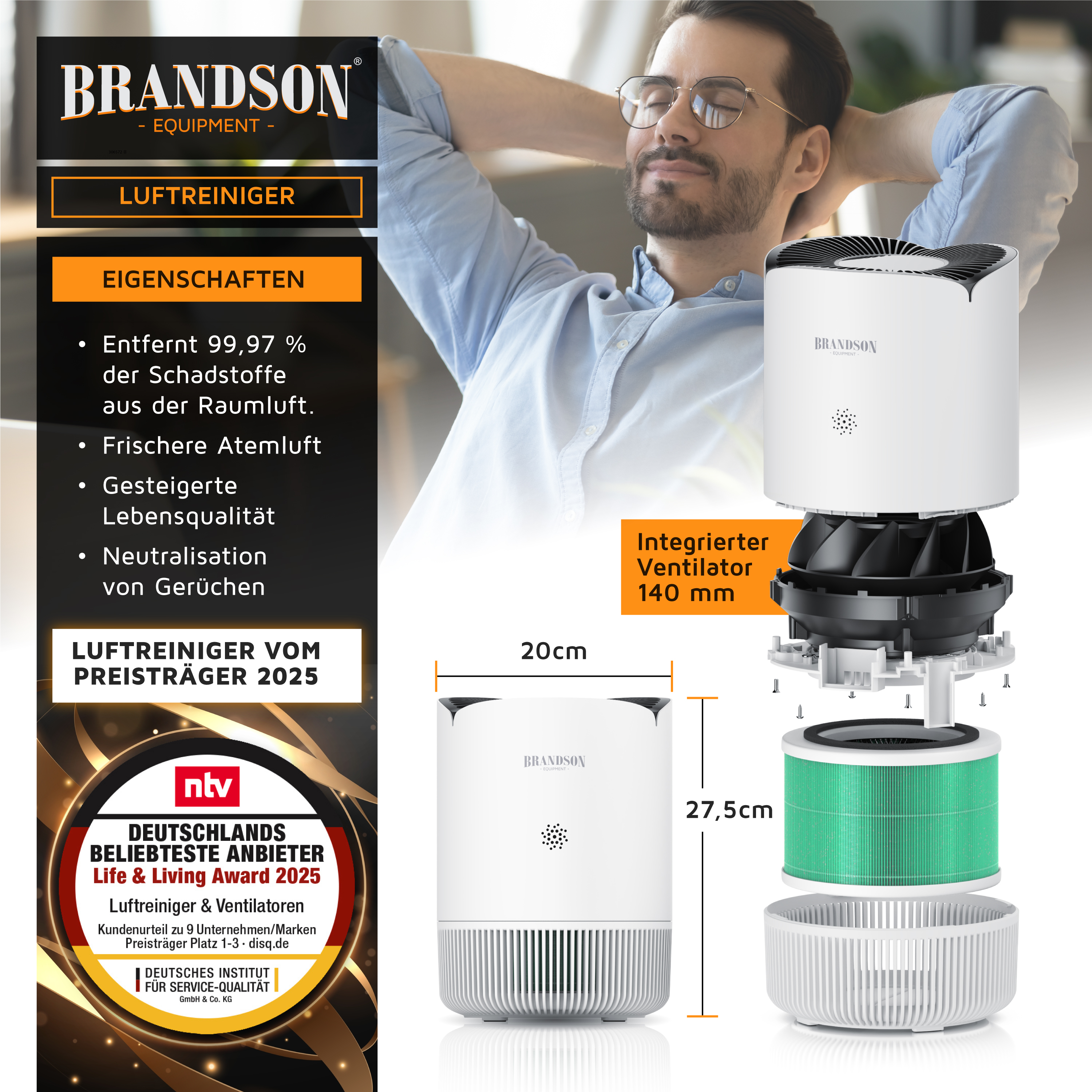 Brandson-Luftreiniger mit elegantem weißen Design, integriertem 140-mm-Lüfter und sichtbaren Filterkomponenten für verbesserte Luftqualität.