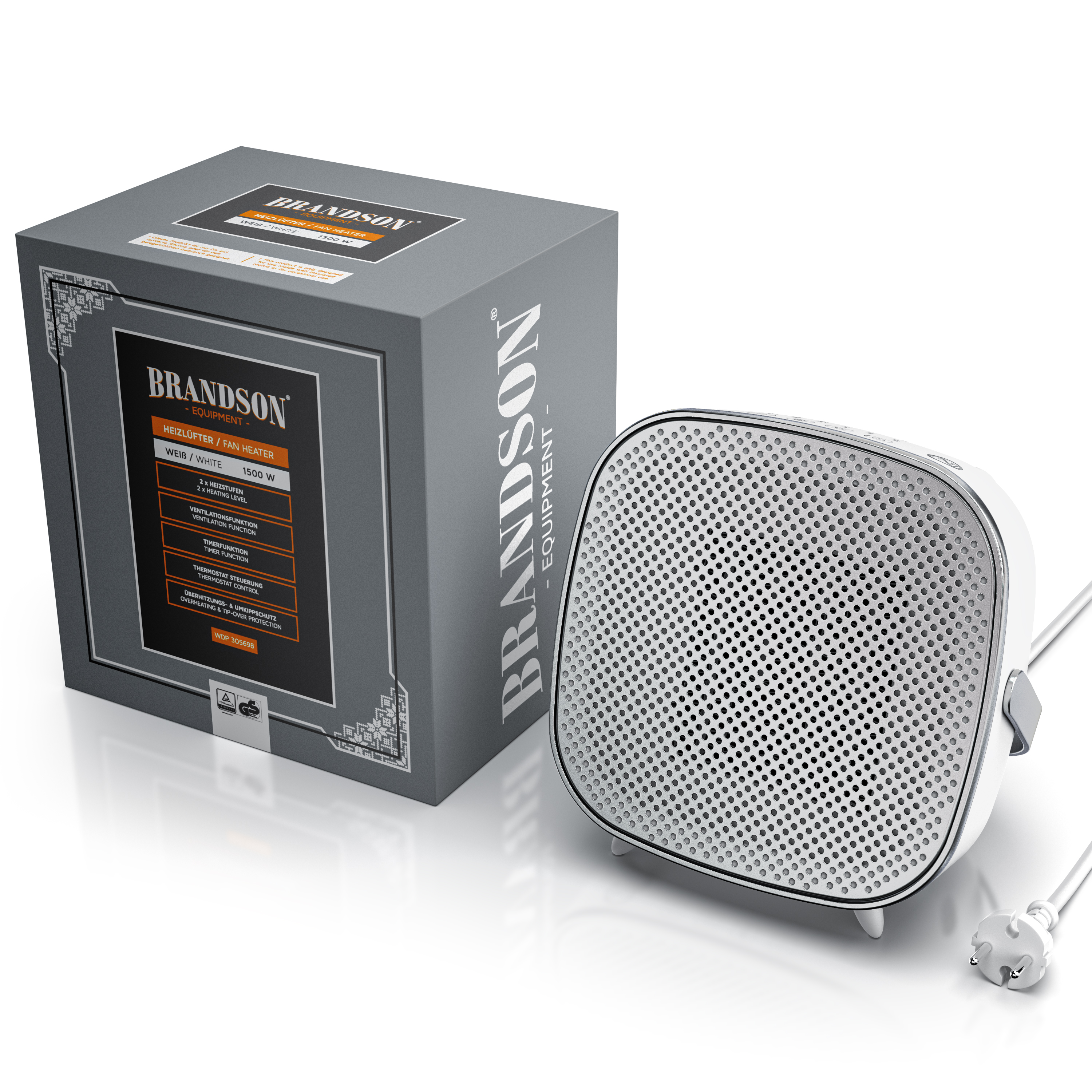 Brandson-Heizlüfter in Weiß mit quadratischem Design, perforierter Vorderseite, Netzkabel und Verpackungsbox.