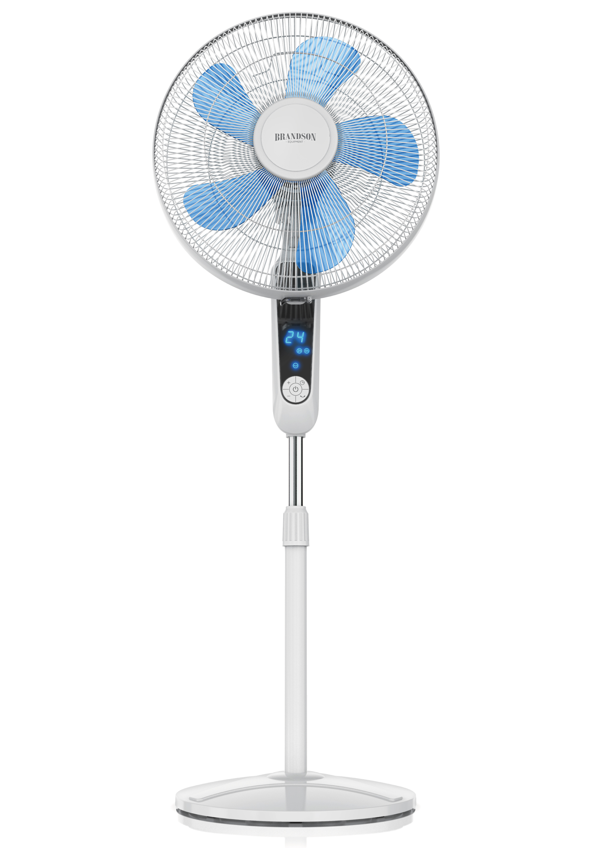 Standventilator von Brandson mit blauen Flügeln, Digitalanzeige und Fernbedienung, stabilem weißem Sockel und einstellbarer Höhe.