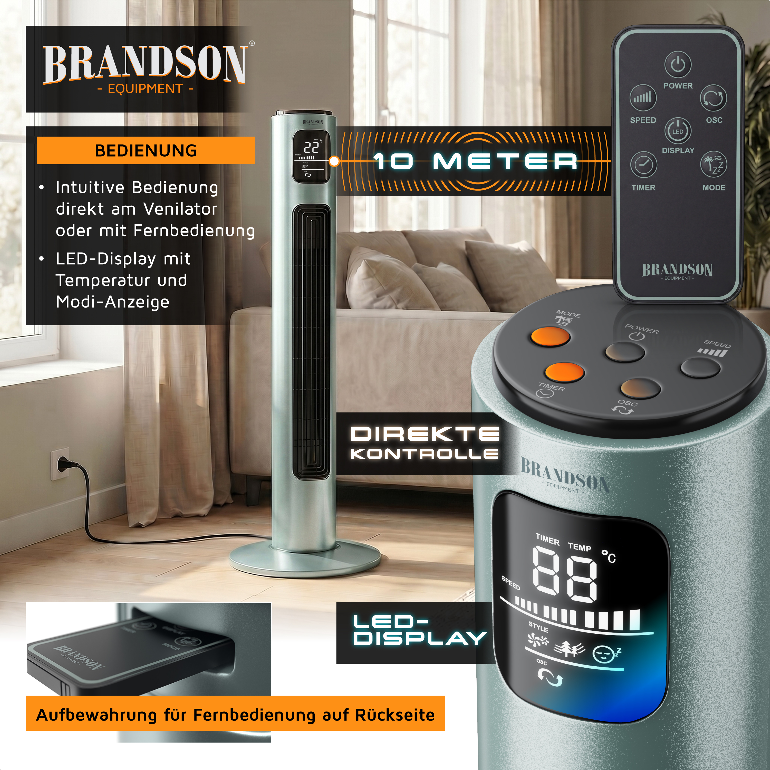 Turmventilator von Brandson mit LED-Anzeige zur Temperaturanzeige, Fernbedienung und intuitivem Bedienfeld, konzipiert für den Heimgebrauch.