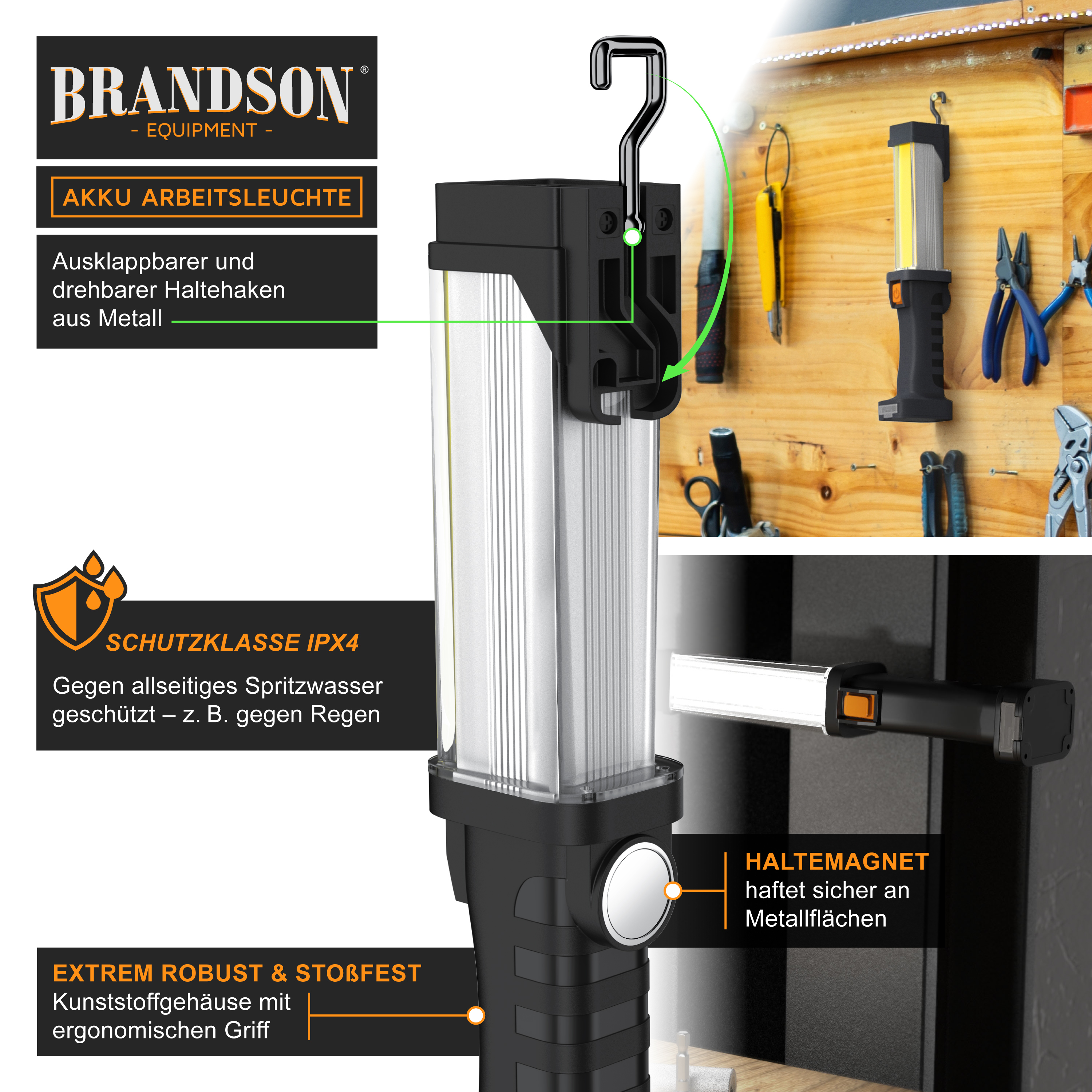 Brandson Akku-Arbeitsleuchte mit ausklappbarem Haltehaken, robustem Kunststoffgehäuse und ergonomischem Griff, ideal für Werkstattnutzung.