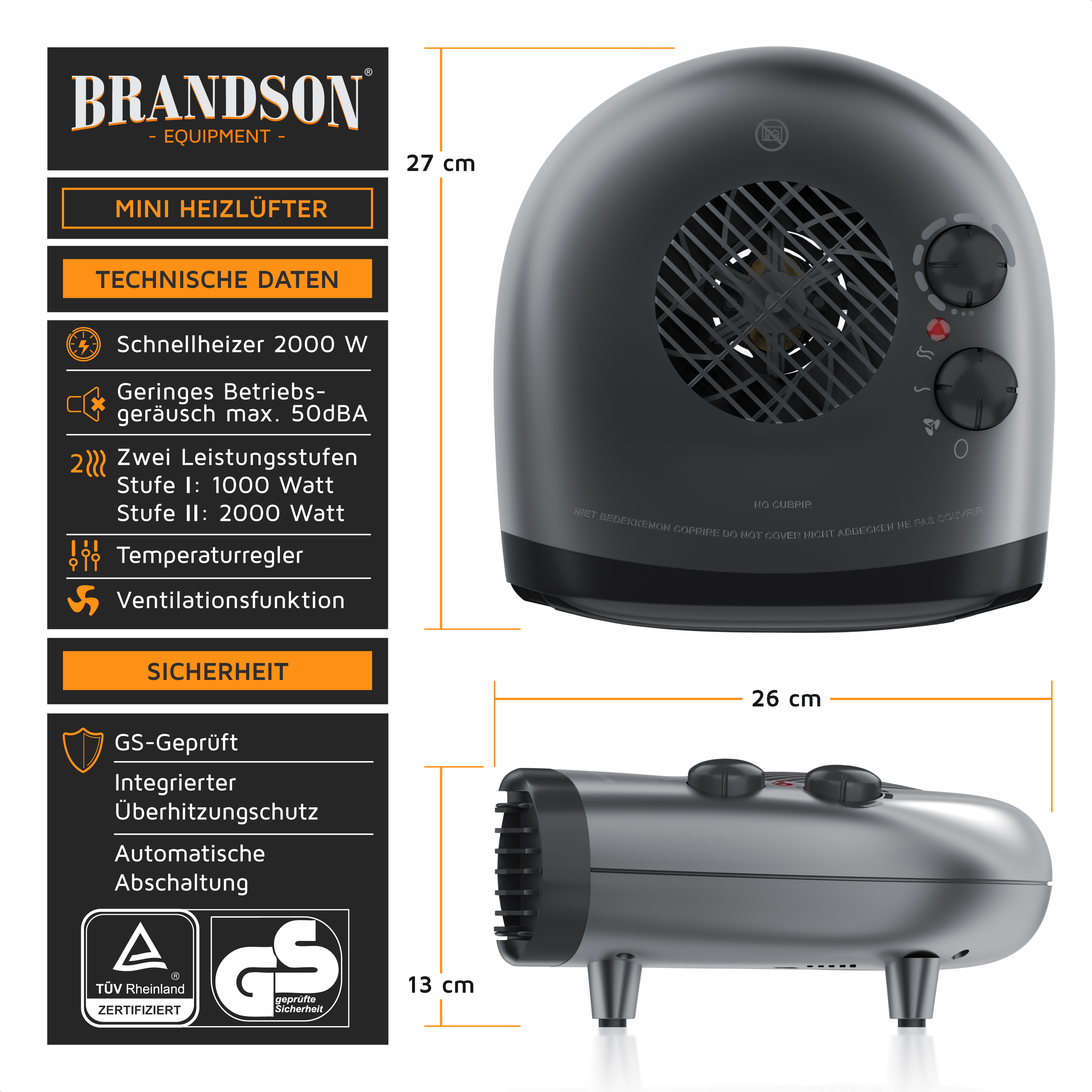 Brandson Mini-Heizgerät mit kompaktem Design, schwarzer Farbe, Bedienknöpfen und einer Belüftungsfunktion für effizientes Heizen.