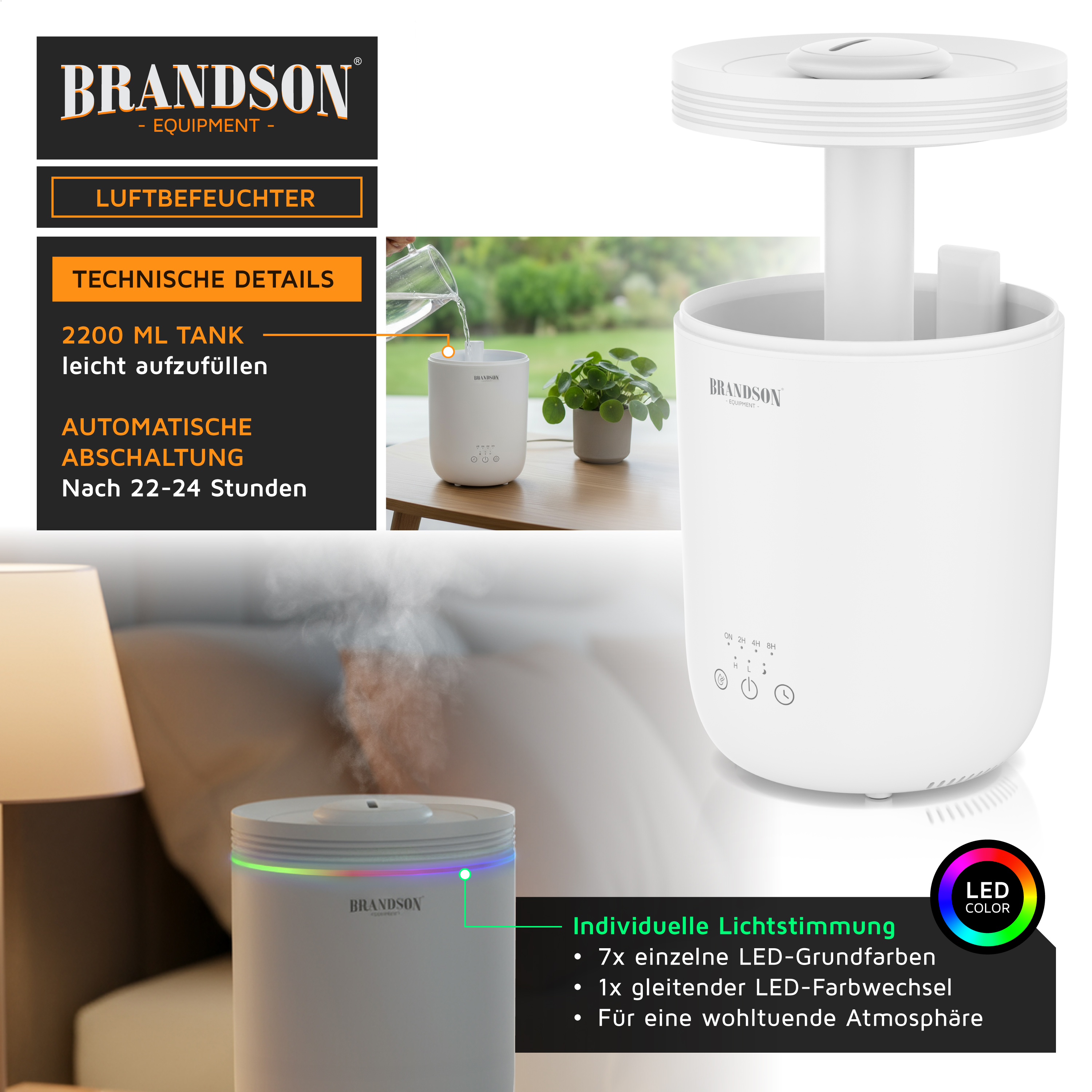 Brandson Luftbefeuchter in Weiß mit 2200 ml Tank, Bedienfeld und LED-Farbwechsel für eine angenehme Atmosphäre.