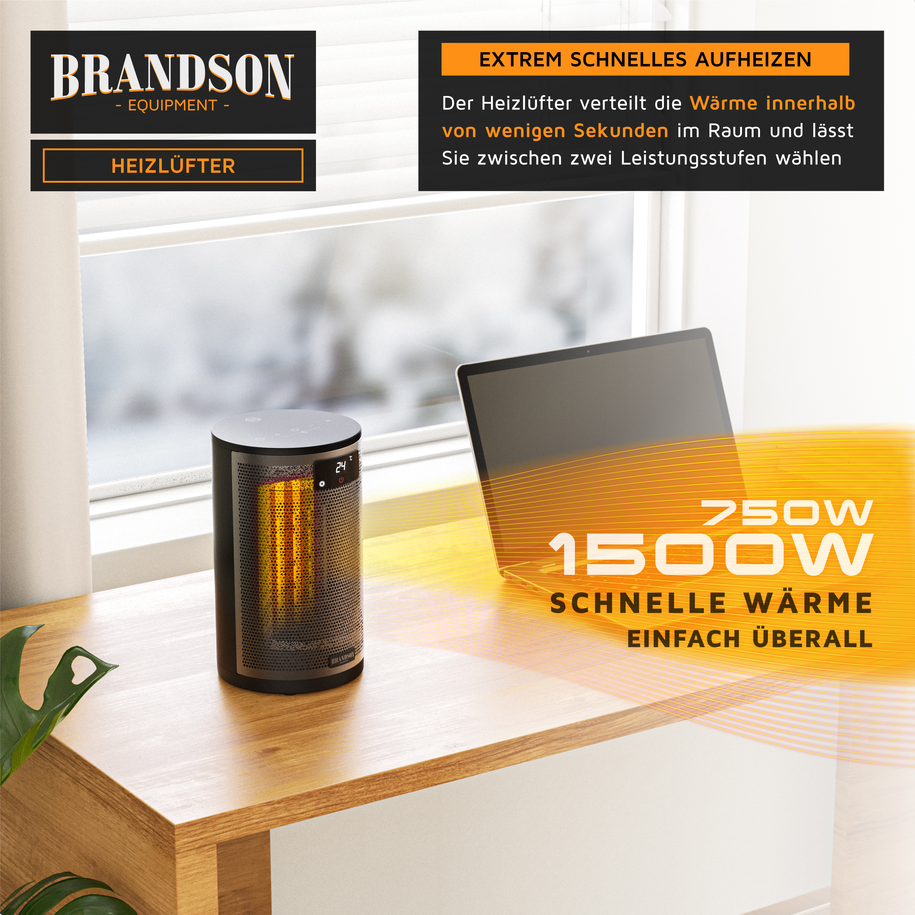 Brandson Heizlüfter im schwarzen Design mit digitalem Display und Bedienfeld, platziert auf einem Tisch neben einem Laptop.