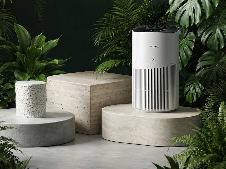 Brandson-Luftreiniger in Weiß mit schlankem zylindrischem Design, einem oberen Bedienfeld und umgeben von viel Grün.