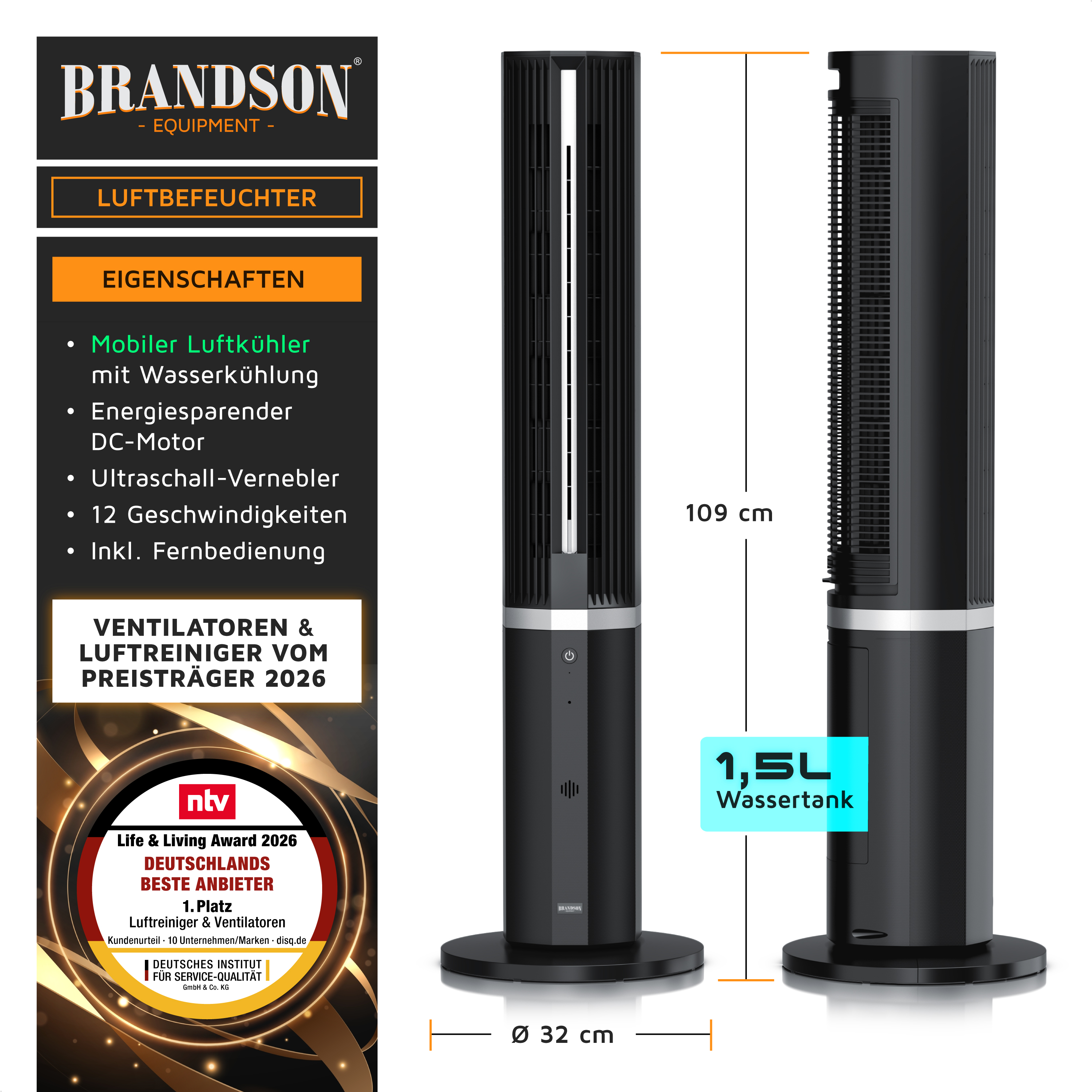 Brandson mobiler Luftkühler mit Wasserkühlung, elegantes schwarzes Design, 109 cm hoch, inklusive Fernbedienung und 1,5 l Wassertank.
