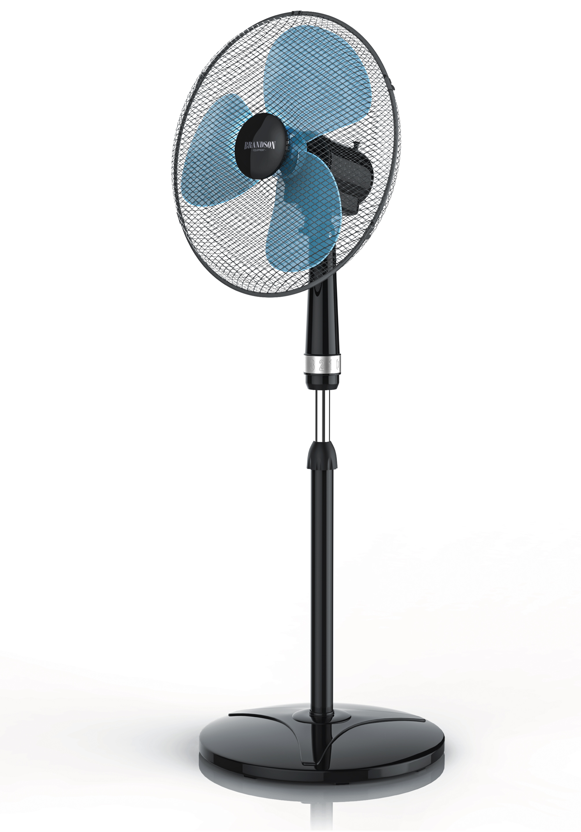 Standventilator von Brandson mit elegantem schwarzem Design, drei blauen Flügeln, einstellbarer Höhe und einer stabilen Basis für Stabilität.