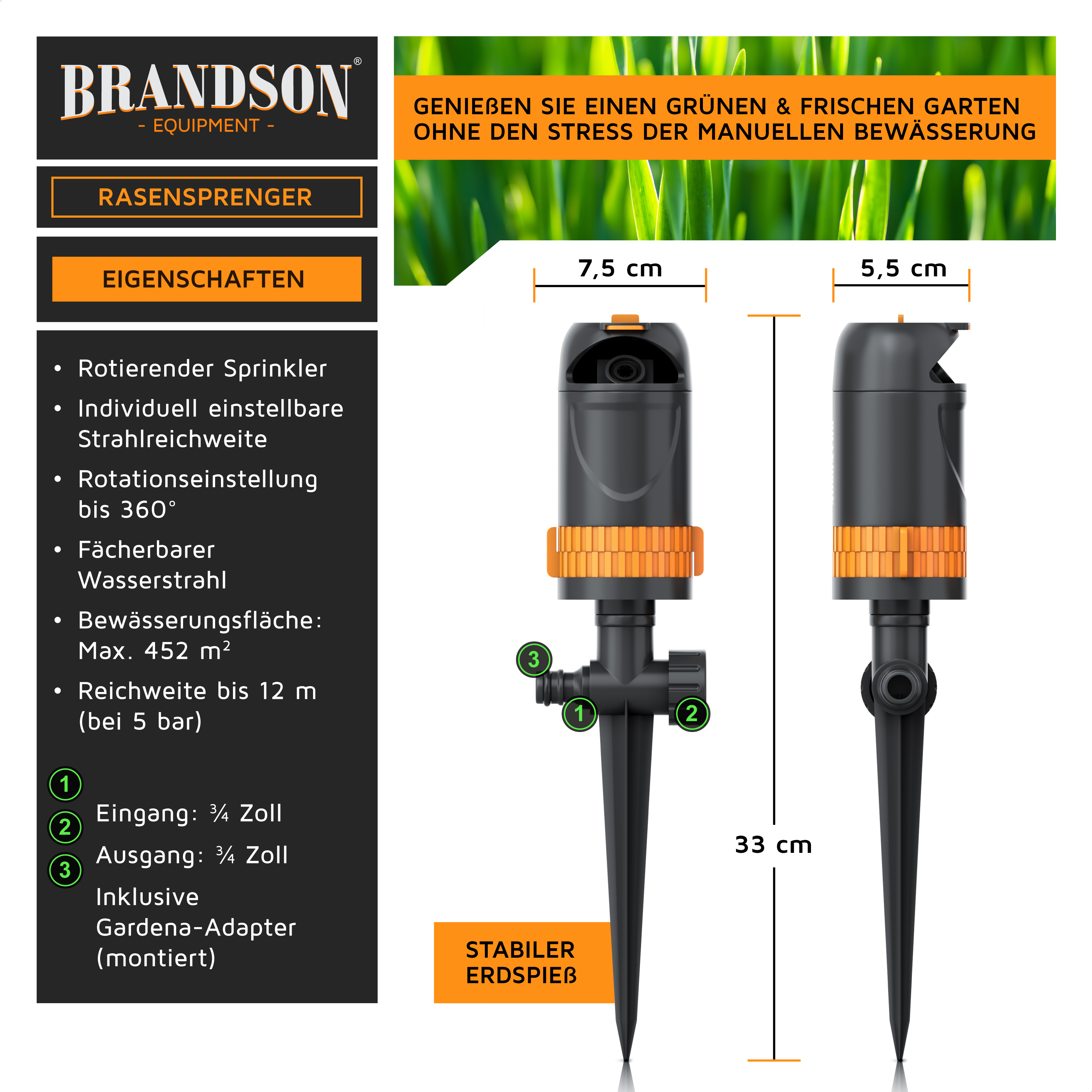 Brandson Rasensprenger mit rotierendem Sprinkler, individuell einstellbarer Strahlreichweite und stabiler Erdspieß.