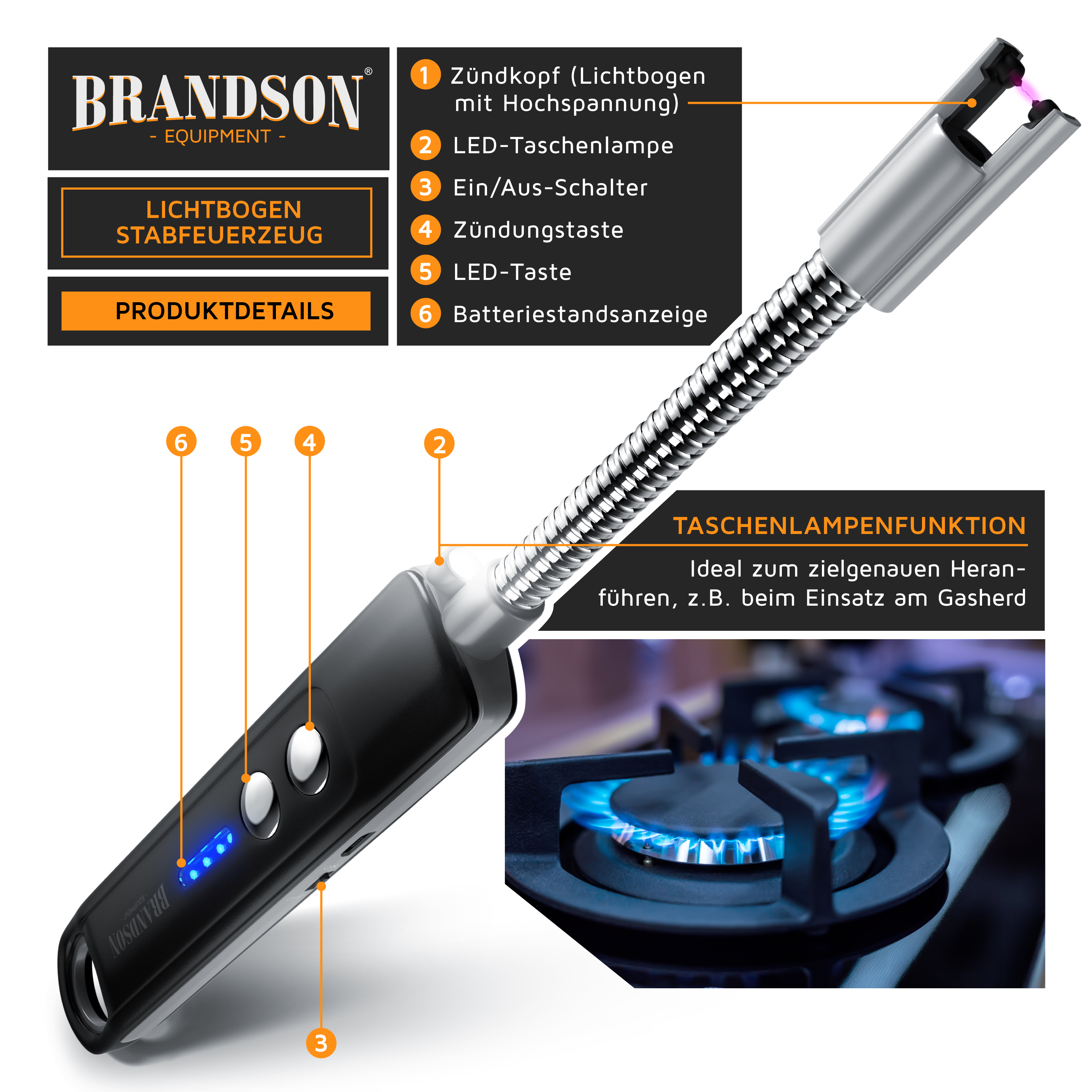 Brandson Lichtbogen-Stabfeuerzeug mit flexiblem Zündkopf, LED-Taschenlampe, Ein/Aus-Schalter und Batteriestandsanzeige.