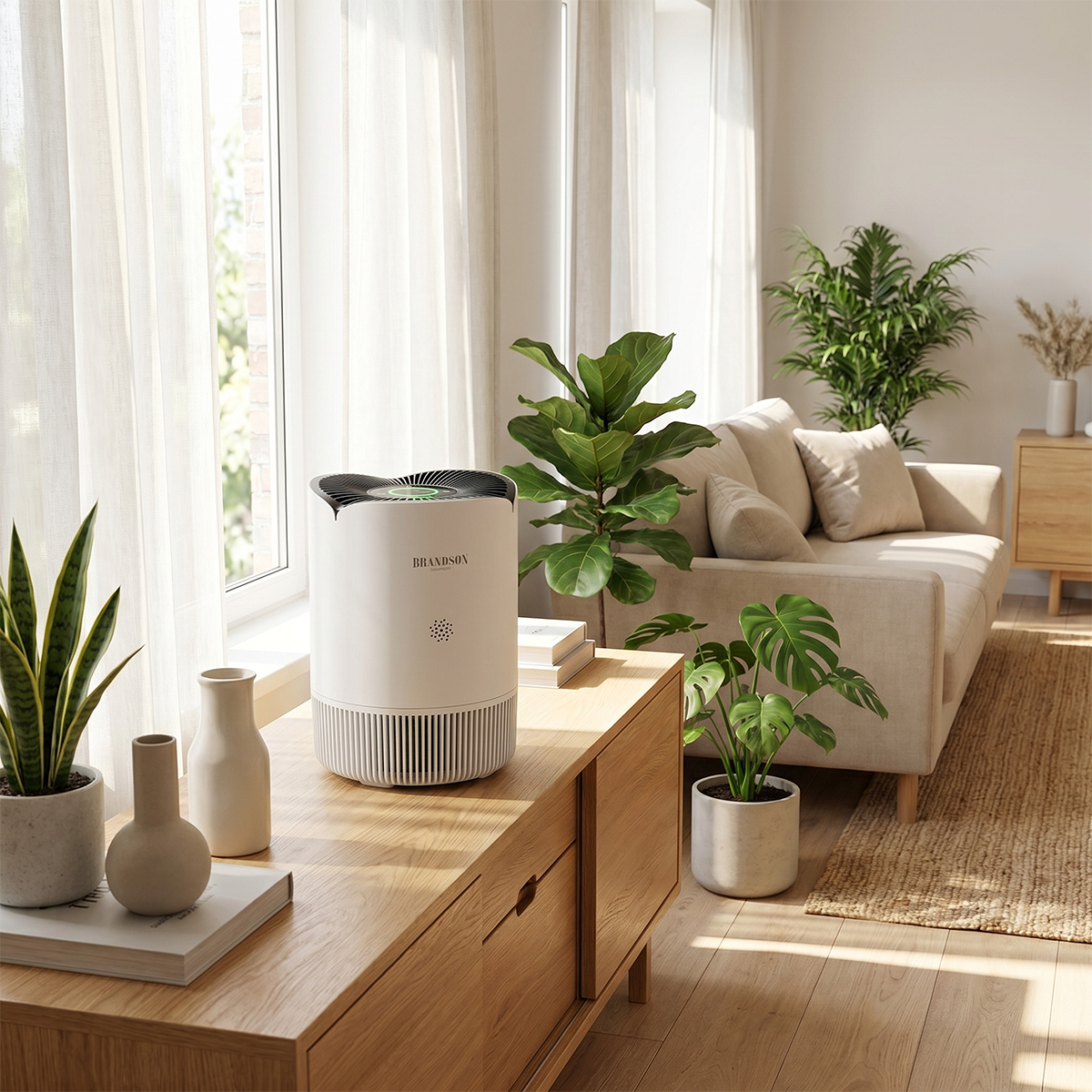 Brandson Luftreiniger im modernen Design, weiß mit schwarzem Oberteil, auf einem Holztisch in einem hellen Wohnzimmer.