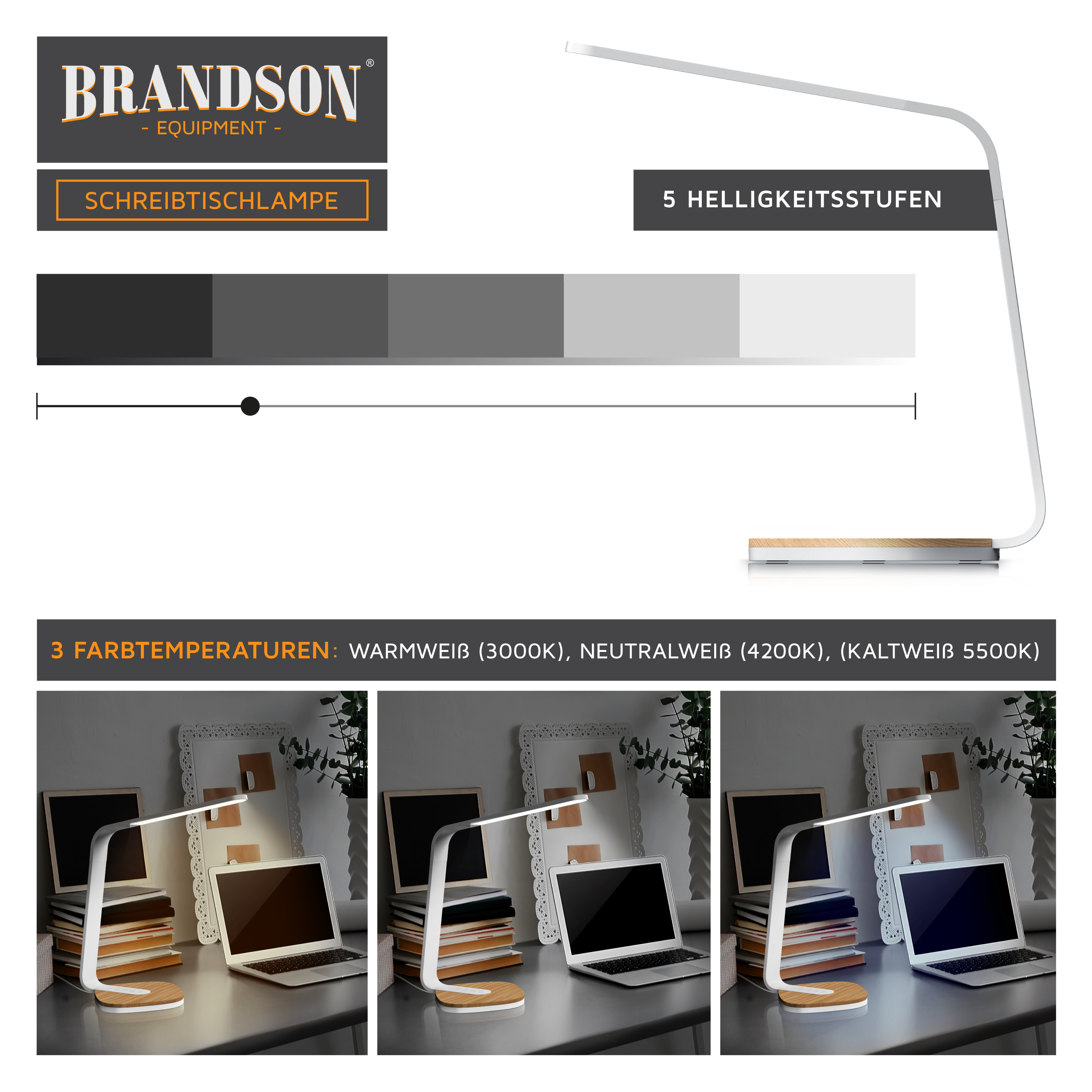 Brandson Schreibtischlampe mit modernem Design, verstellbarem Arm, Holzfuß und drei Farbtemperaturen für optimales Licht.