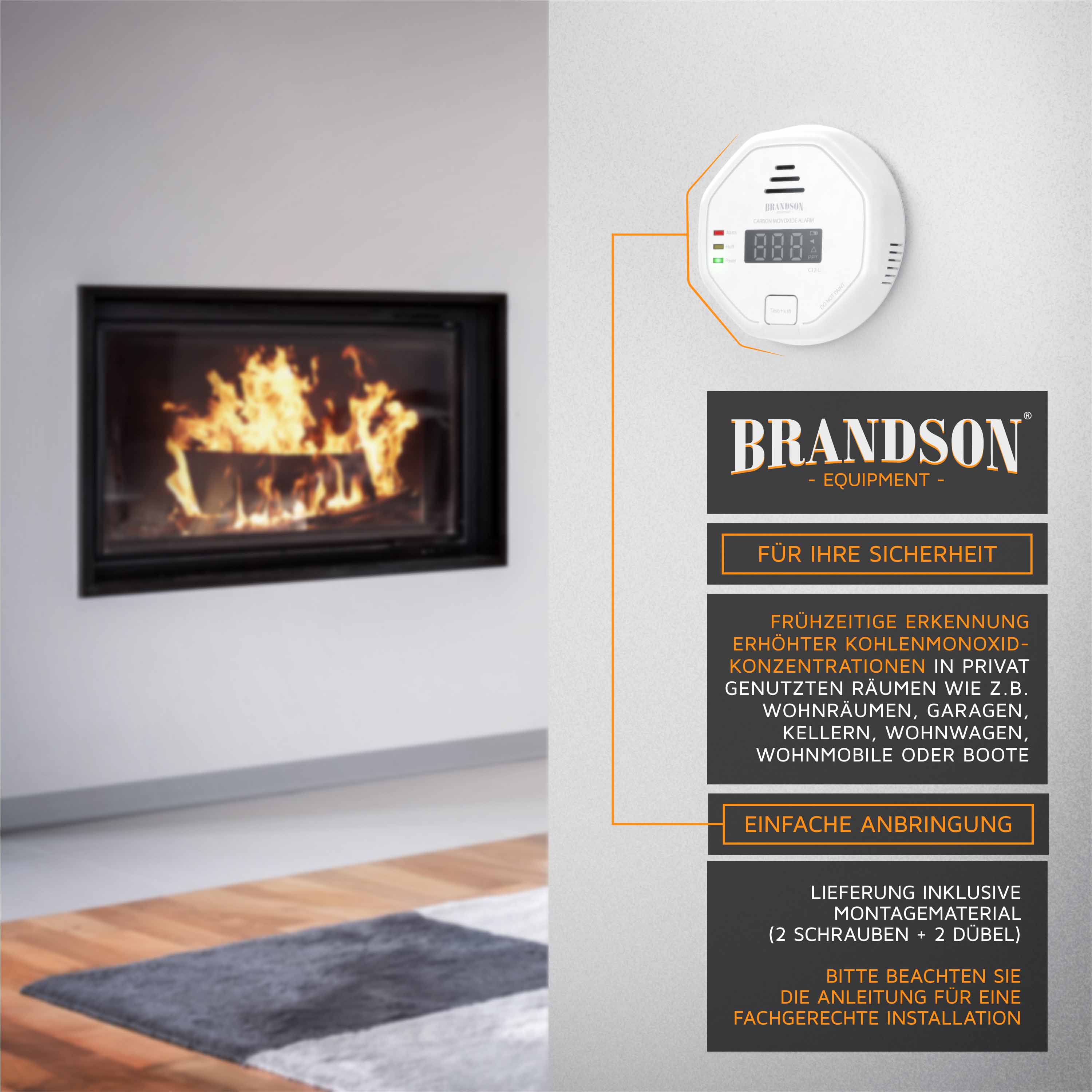 Brandson Kohlenmonoxidmelder mit digitalem Display zur zufälligen Erkennung von Kohlenmonoxid in Wohnräumen, einfach zu montieren.