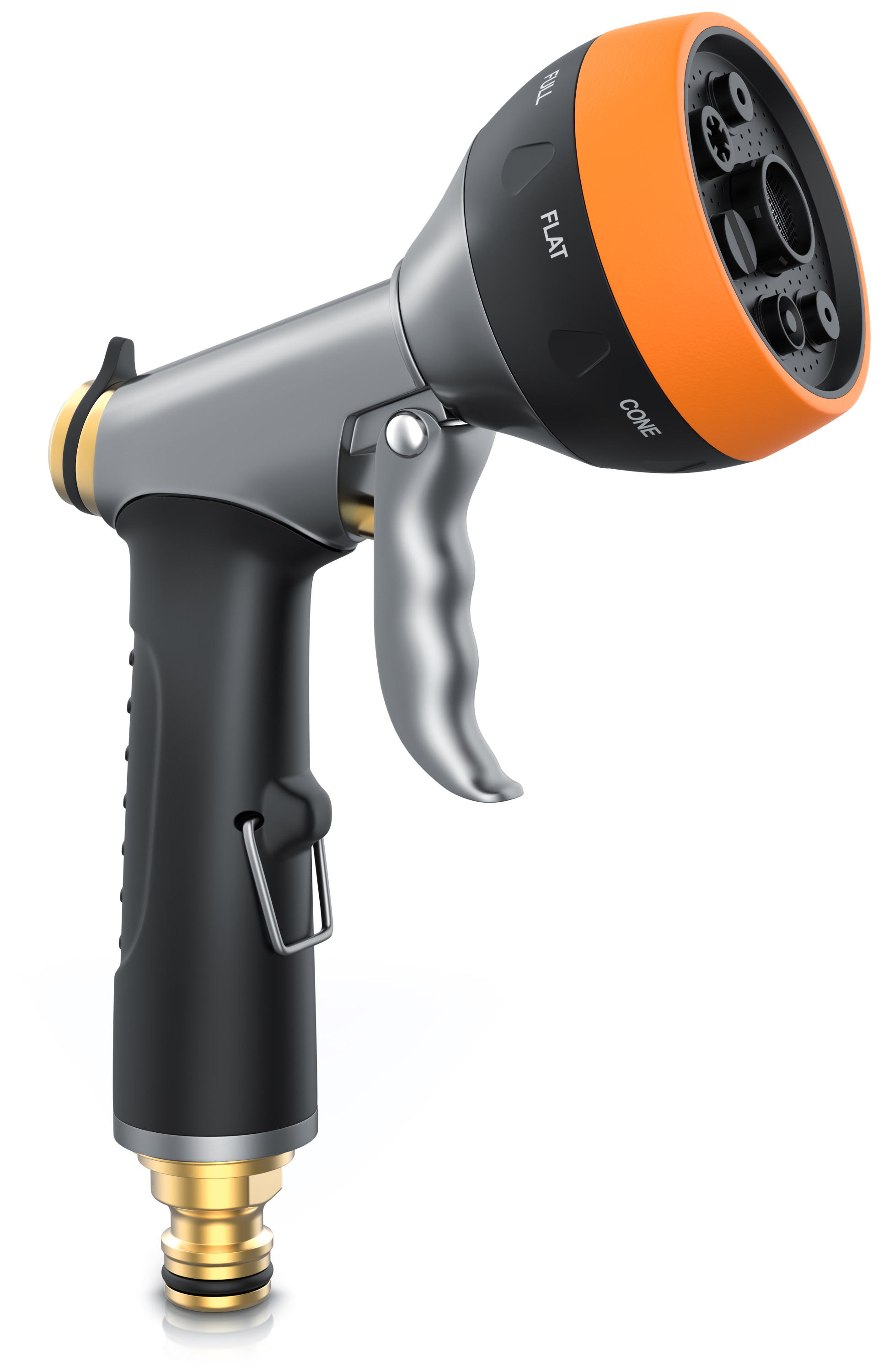 Gartenschlauchdüse von Brandson mit einstellbaren Sprühmustern, ergonomischem Griff und orangefarbenem Akzent am Kopf für einfache Handhabung.