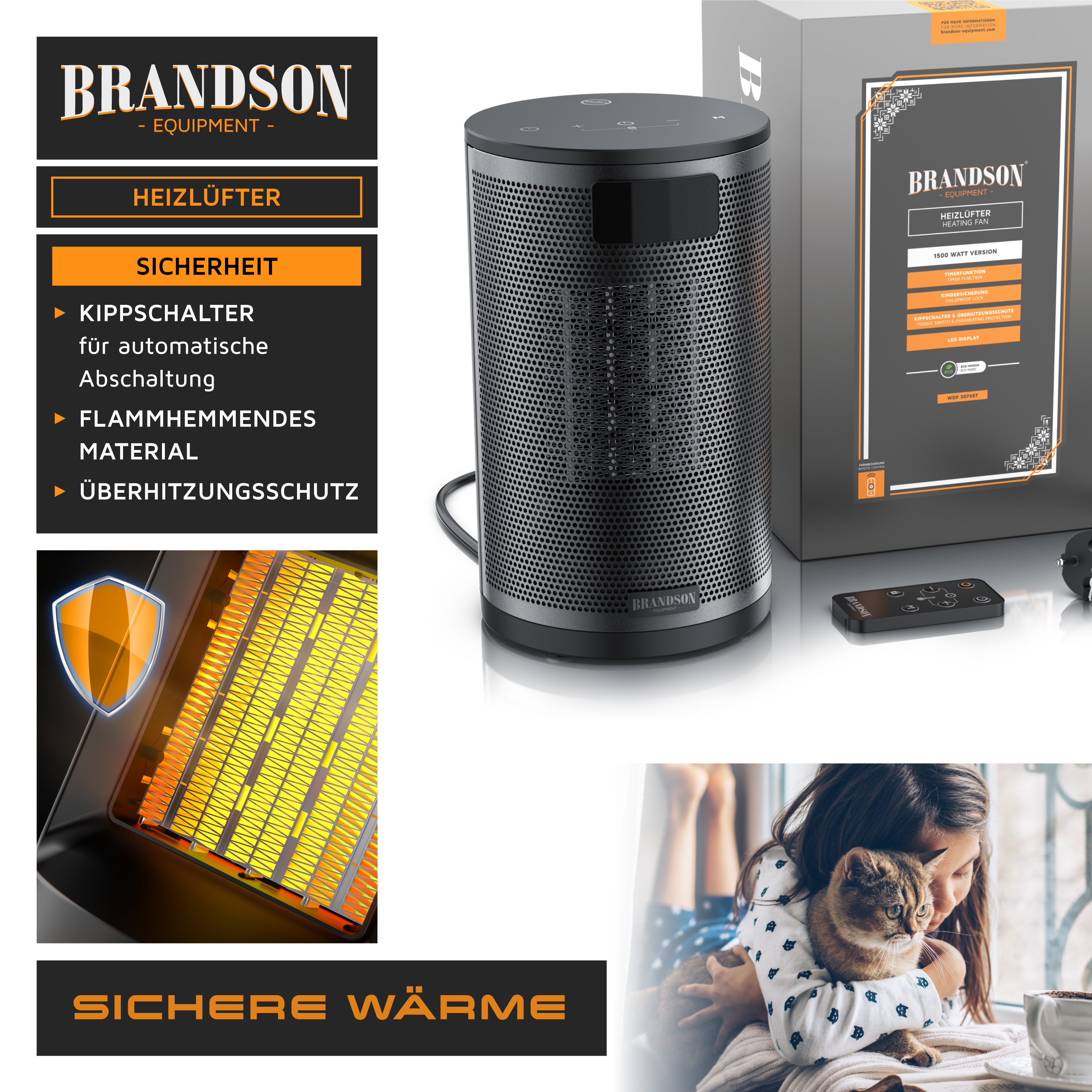 Brandson Heizlüfter in Schwarz mit perforierter Oberfläche, Bedienfeld oben, Fernbedienung und Verpackung, ideal für den Einsatz zu Hause.