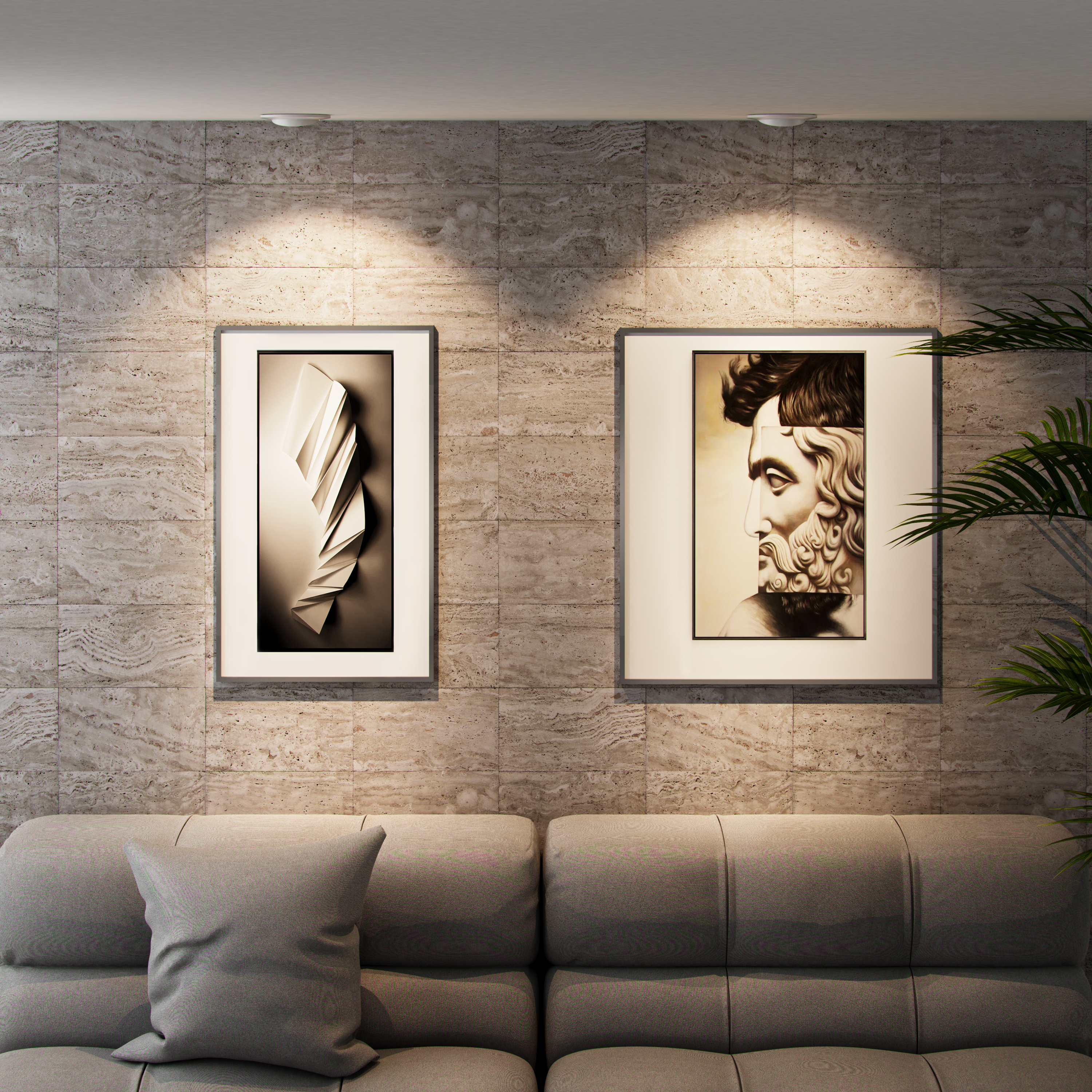 Dekorative Wandkunst von Brandson mit zwei gerahmten Kunstwerken, einem abstrakten und einem klassischen Porträt, ausgestellt in einem modernen Wohnzimmer.