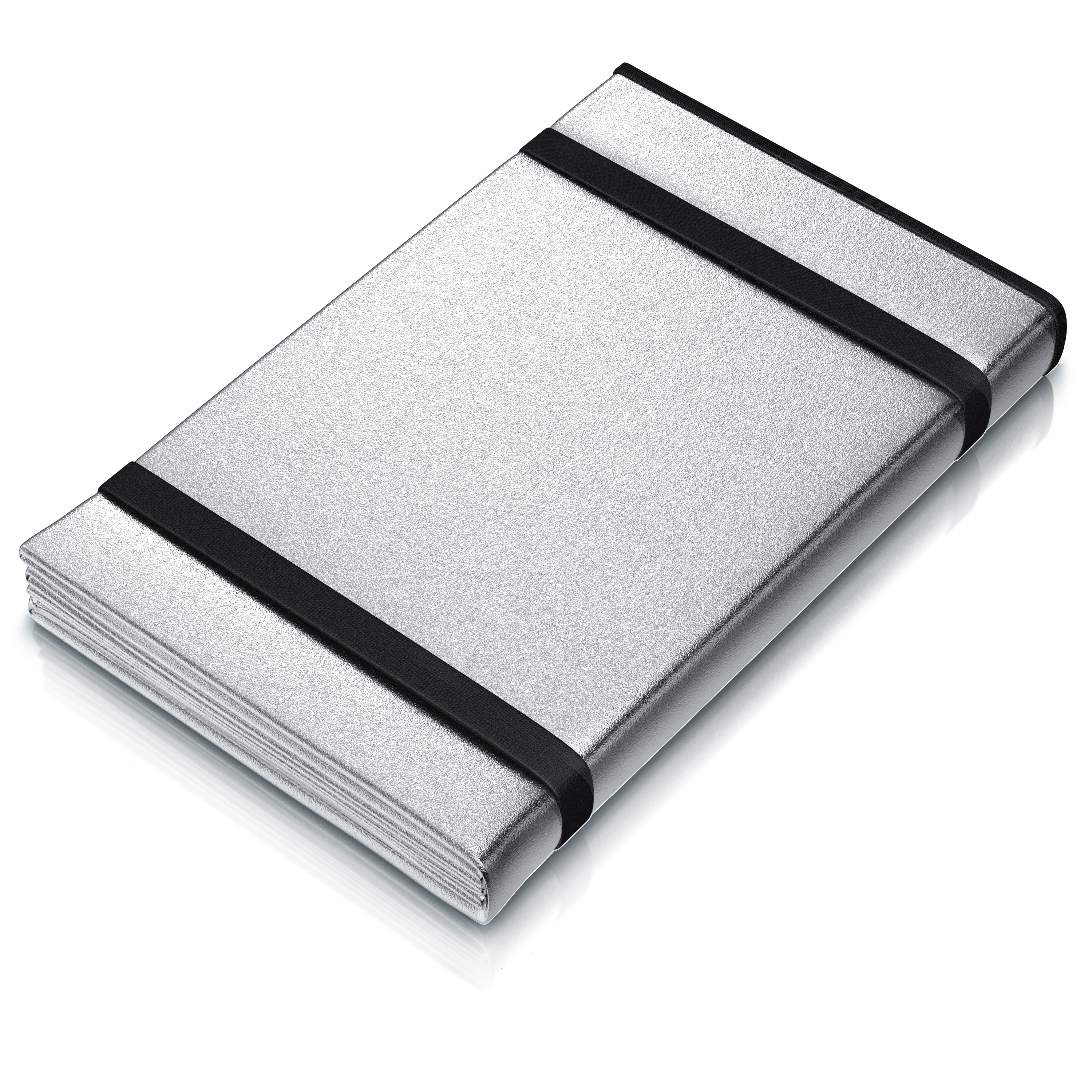 Brandson-Notizbuch mit silbernem Einband und schwarzen Gummibändern sowie einem schlanken Design, das sich zum Notieren eignet.