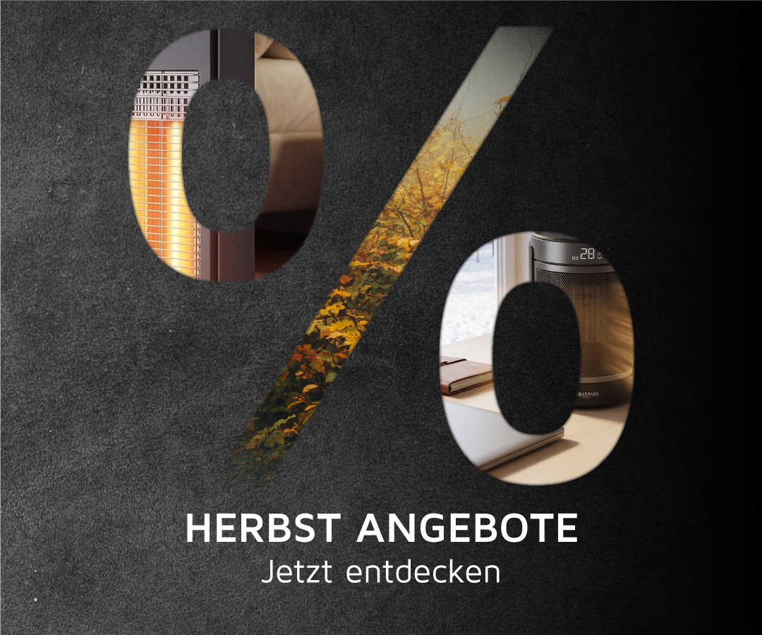 Brandson-Heizlüfter und Infrarot-Heizstrahler werden in einer großen Prozentzeichengrafik für eine Herbstverkaufsaktion angezeigt.