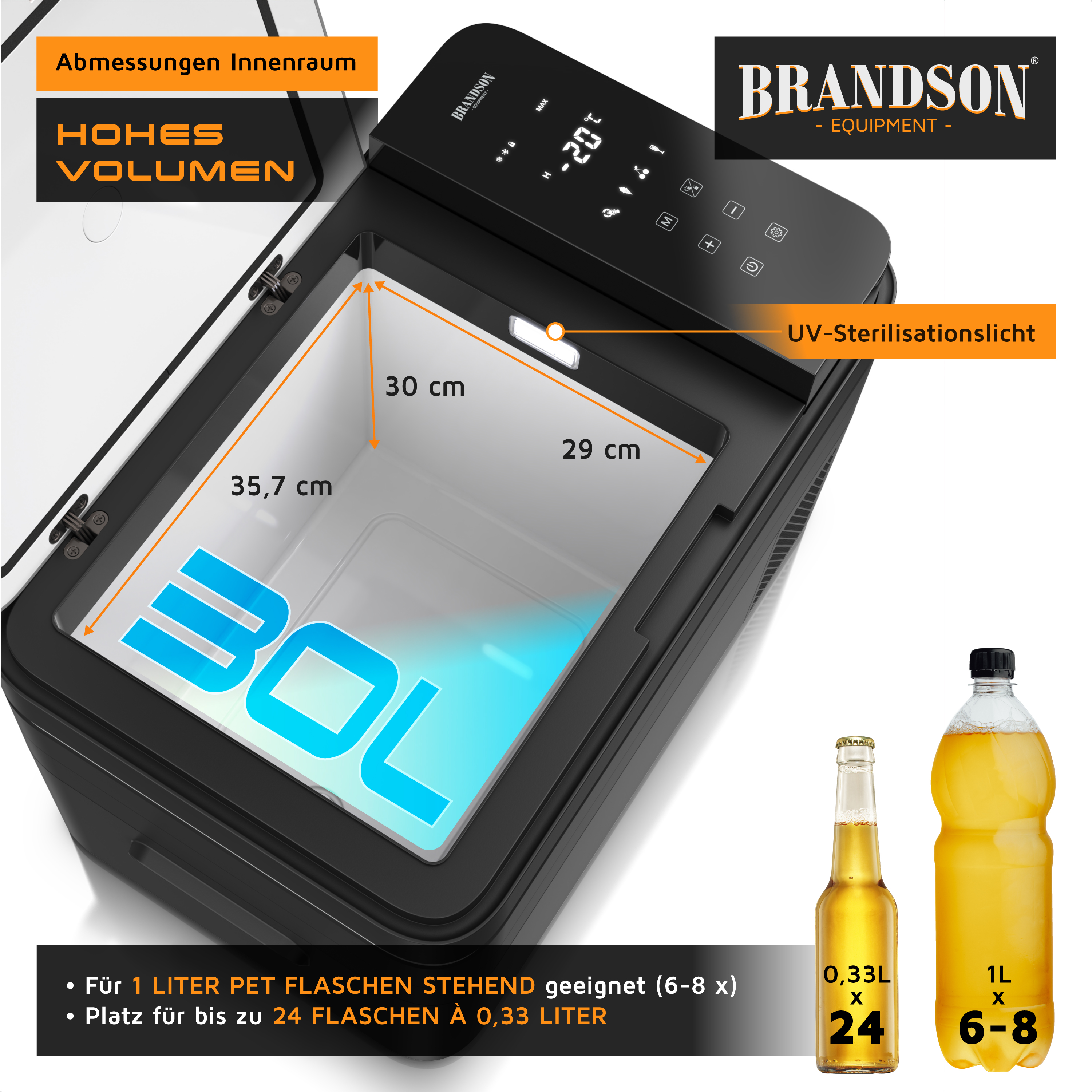 Brandson elektrische Kühlbox mit großem Innenraum, digitalem Display und UV-Sterilisationslicht, geeignet für bis zu 24 Flaschen.