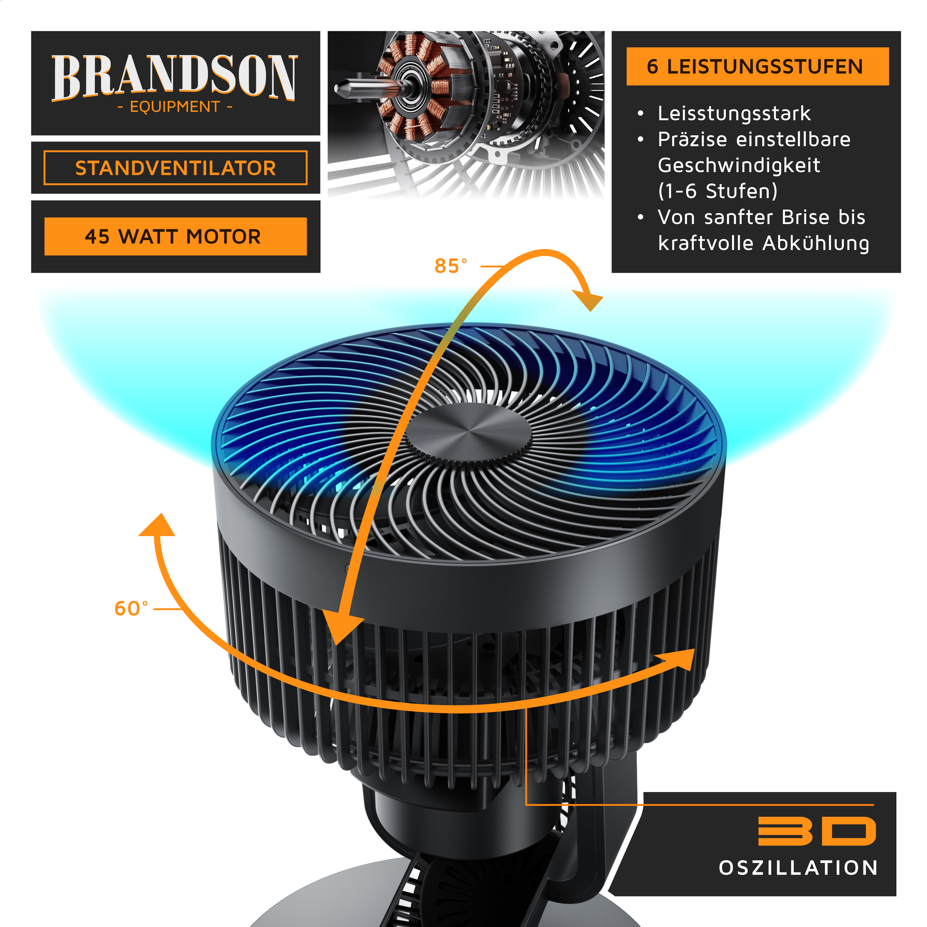 Standventilator von Brandson im eleganten schwarzen Design mit blau getöntem Gitter, einstellbarer Höhe und 3D-Oszillationsfähigkeit.