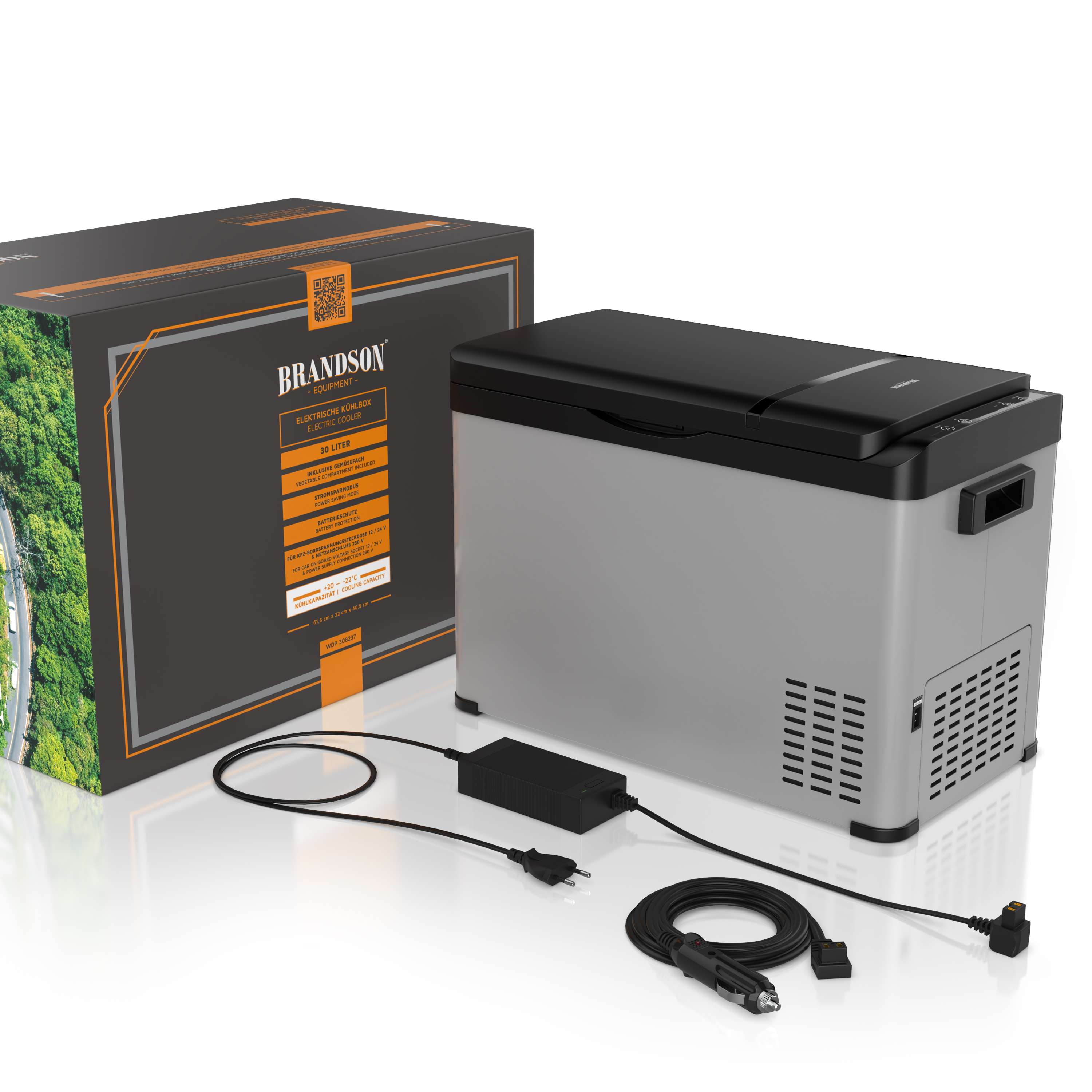 Brandson elektrische Kühlbox in Grau mit schwarzem Deckel, inklusive Kabeln und Verpackung, ideal für unterwegs.