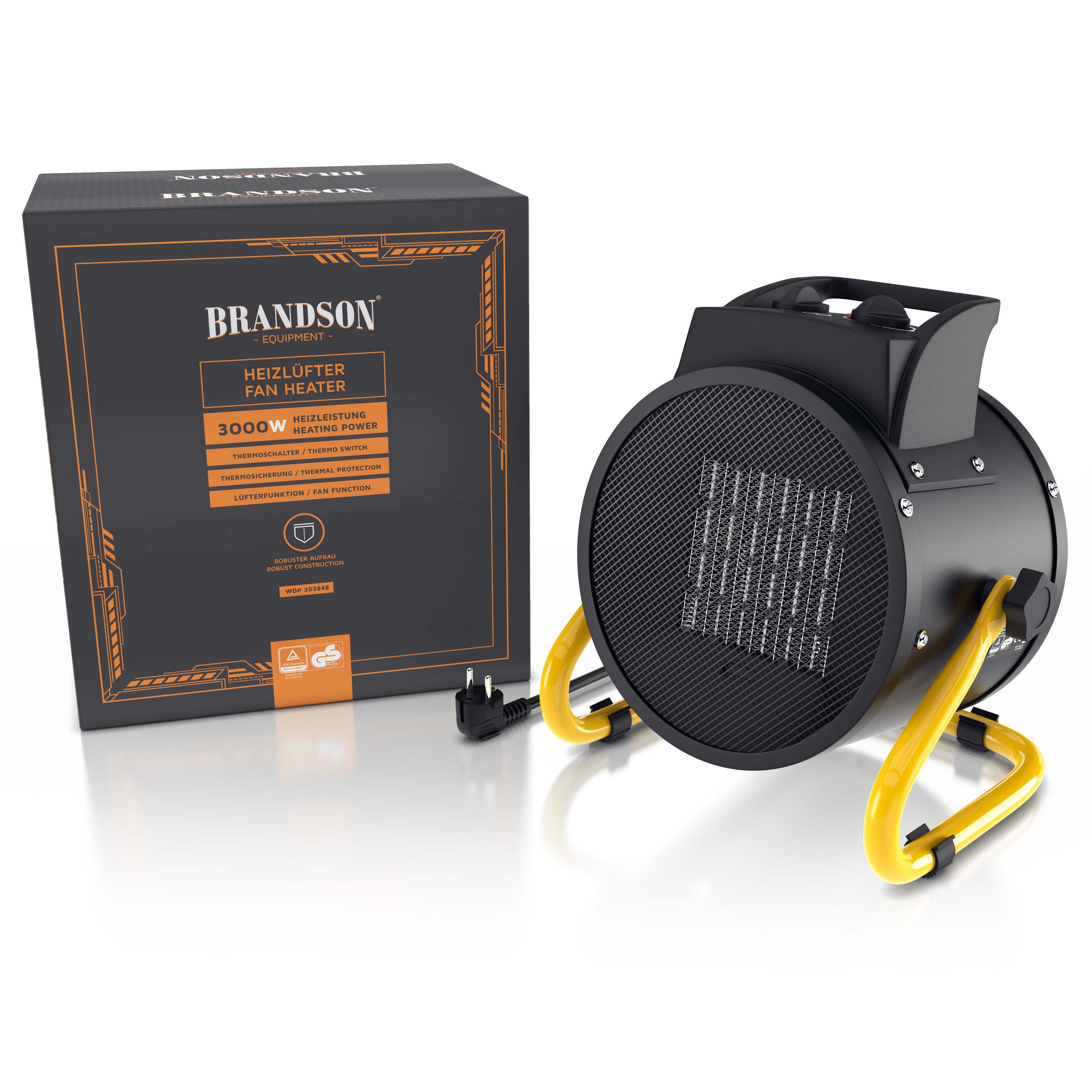 Brandson-Heizlüfter mit schwarzem zylindrischem Design, gelben Stützbeinen und einem Griff, verpackt in einer Markenbox.