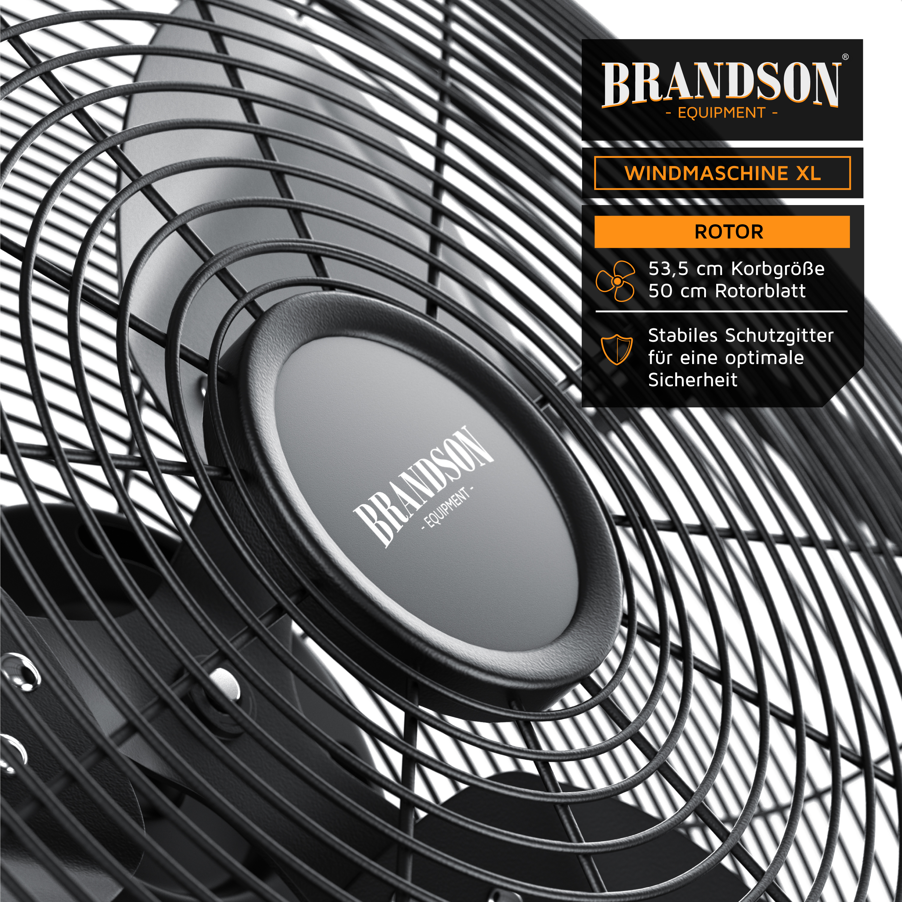 Brandson Windmaschine XL mit stabilen Schutzgittern, schwarzem Gehäuse und großem Rotorblatt für optimale Sicherheit.