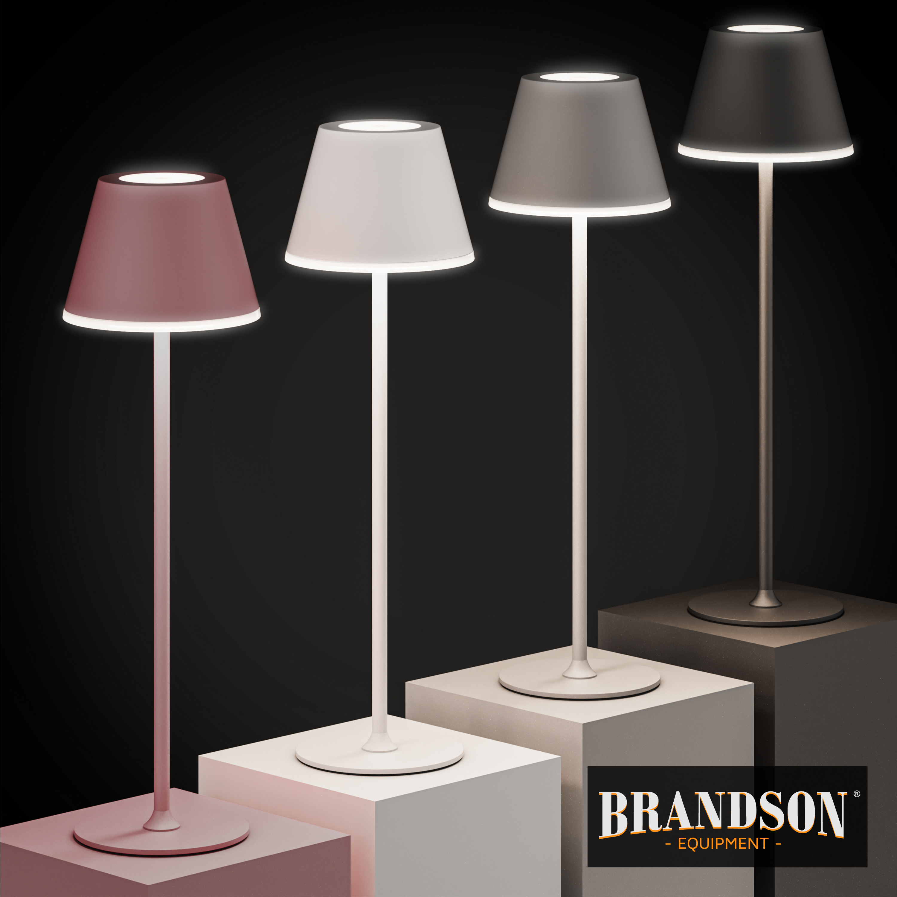 Brandson Stehlampe in verschiedenen Farben mit schlichten Lampenschirmen und stabilen Standfüßen, ideal für moderne Wohnräume.