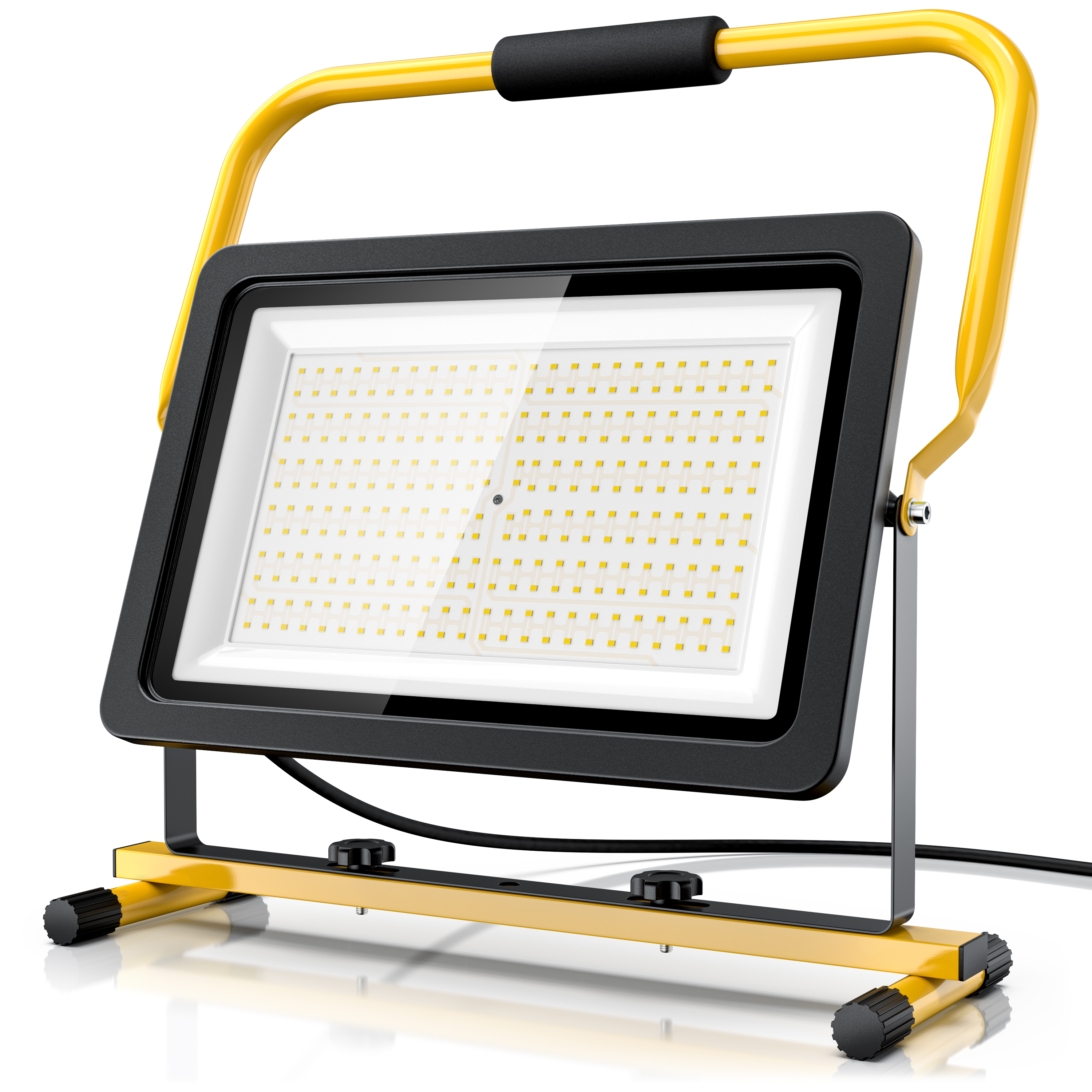 Brandson LED-Arbeitsleuchte mit schwarzem Gehäuse und gelbem Tragegriff, stabiler Standfuß und Kabelanschluss.