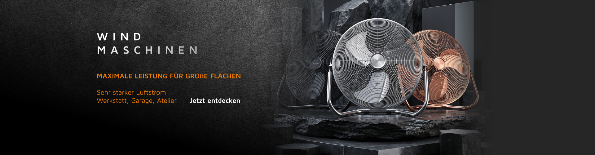 Brandson Windmaschine in drei Farben mit stabiler Metallkonstruktion und großem Lüfterblatt für starken Luftstrom, ideal für Werkstatt und Atelier.