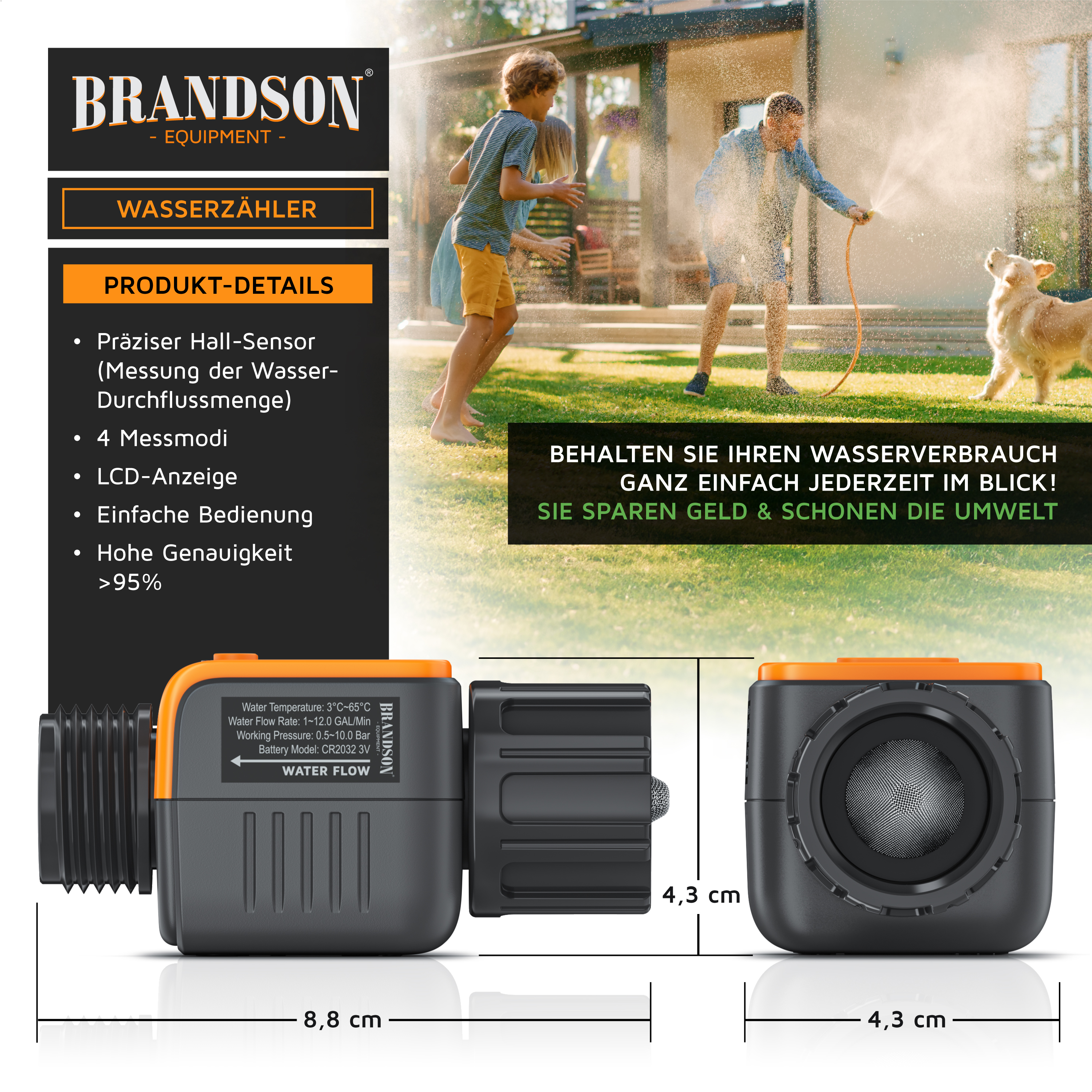 Brandson Wasserzähler mit LCD-Anzeige, präzisem Hall-Sensor und einfacher Bedienung, ideal zur Messung des Wasserverbrauchs.