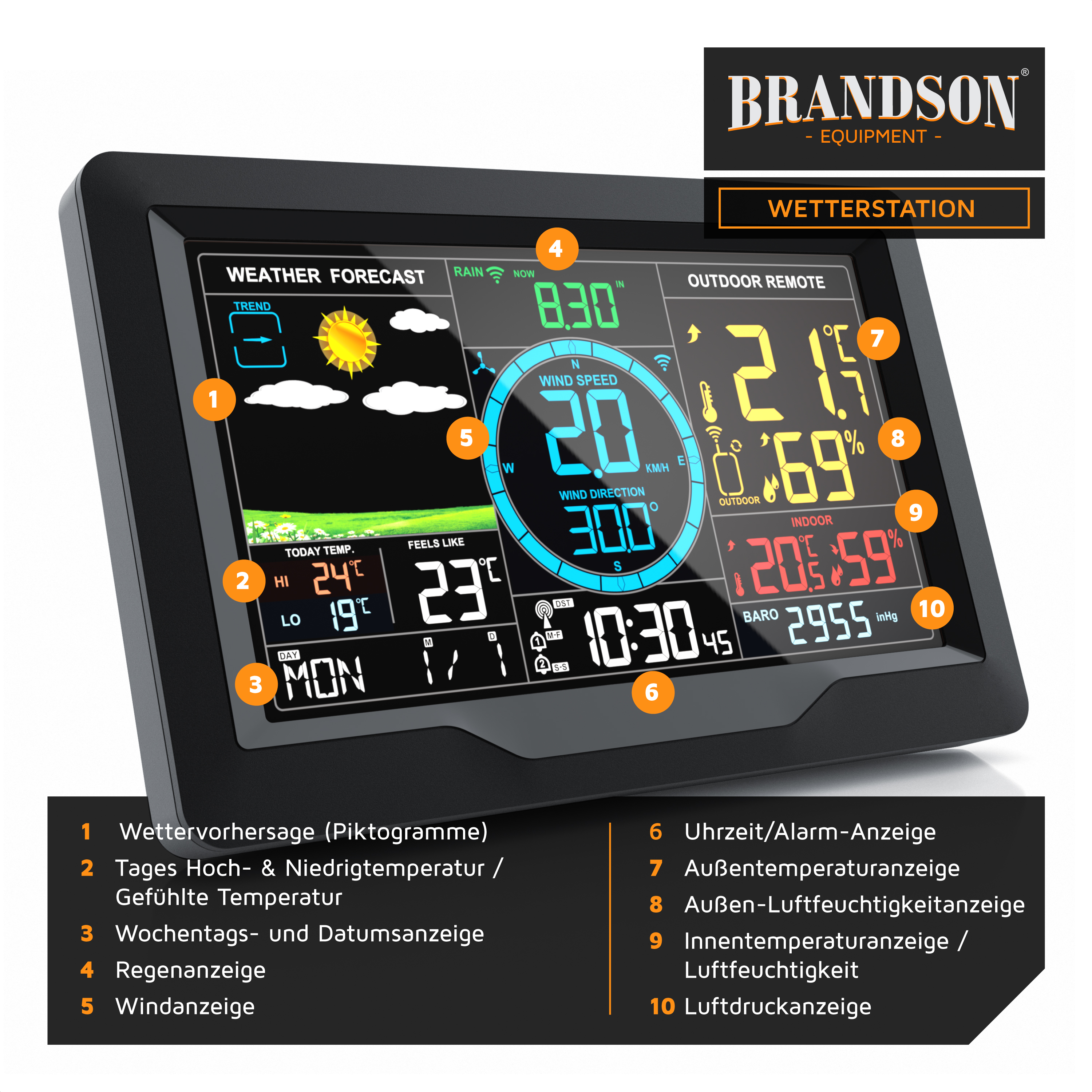 Brandson Wetterstation mit großem, farbigem Display zur Anzeige von Wetterdaten, Temperatur, Luftfeuchtigkeit und Uhrzeit.