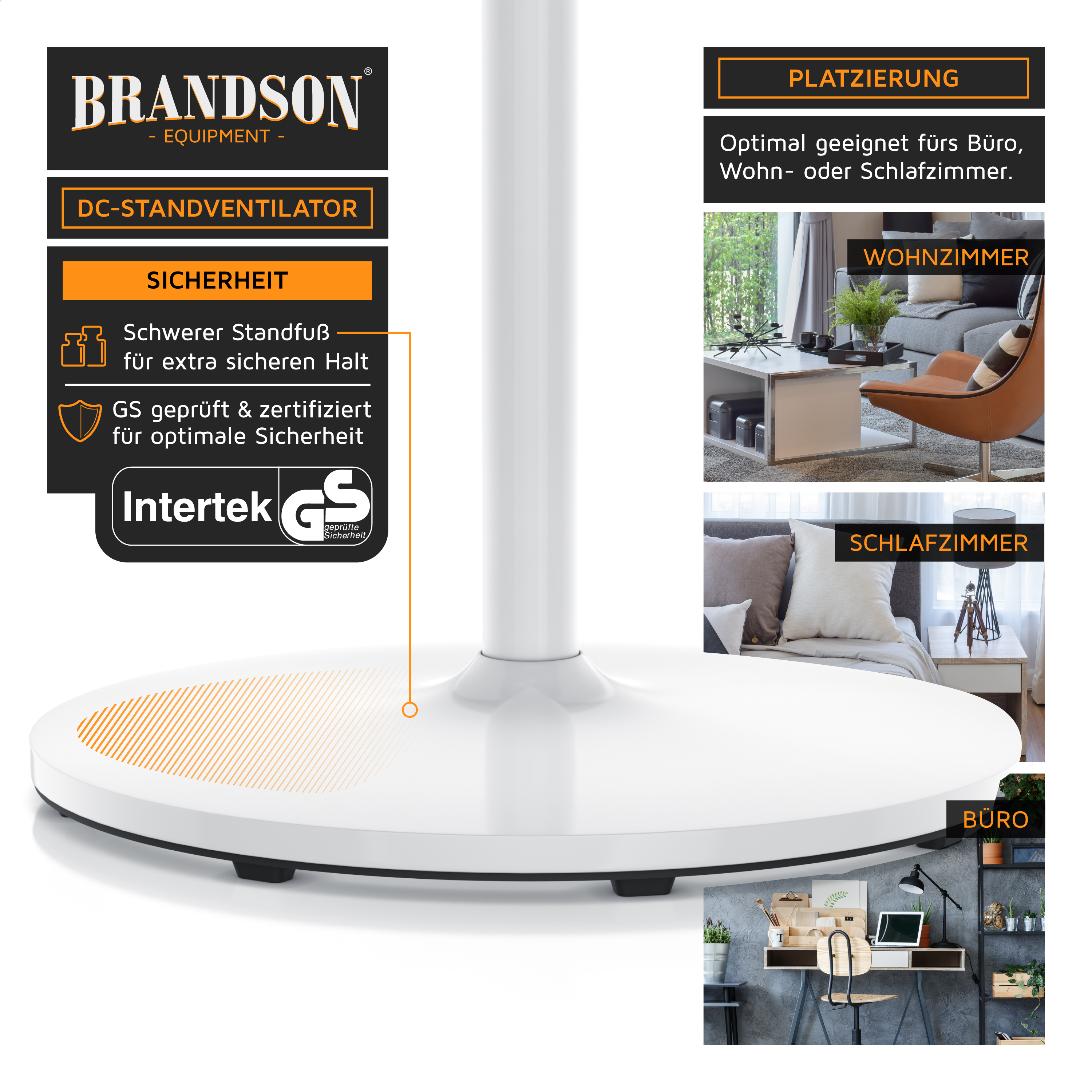 Brandson DC-Standventilator mit schwerer Basis für Stabilität, konzipiert für den Einsatz im Büro, Wohnzimmer oder Schlafzimmer.