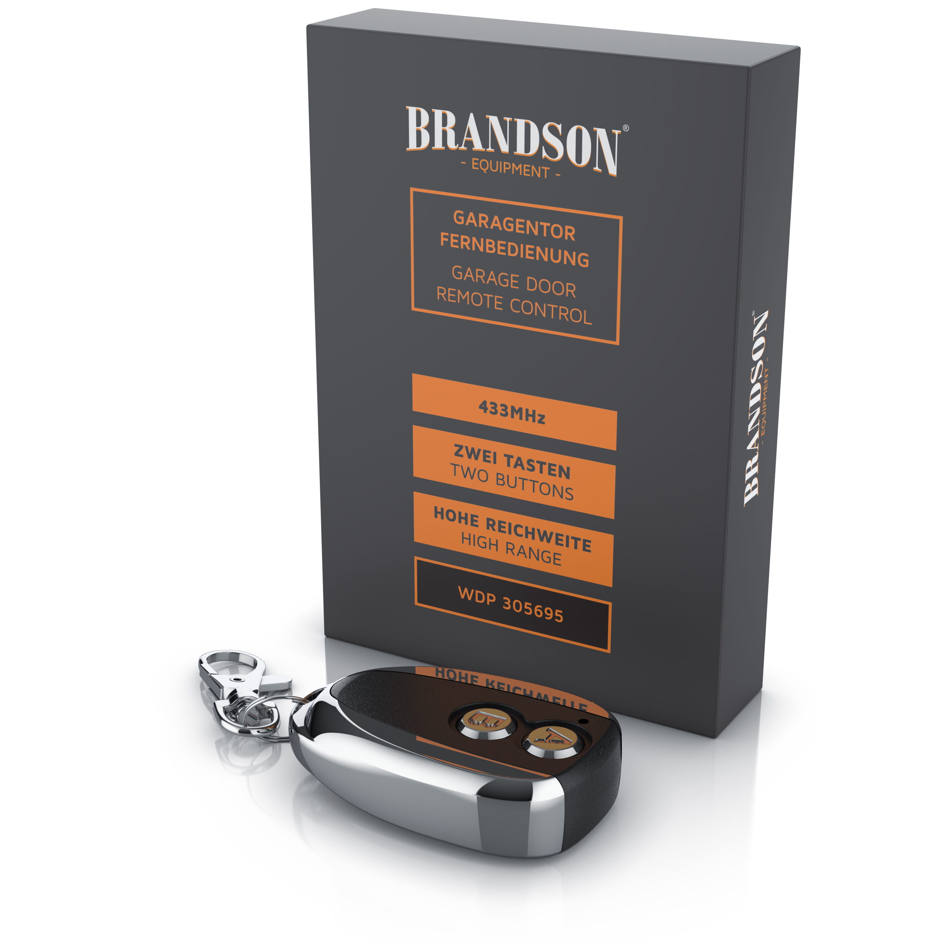 Garagentor-Fernbedienung von Brandson mit zwei Tasten, elegantem Design und Schlüsselanhänger-Befestigung neben der Verpackung.